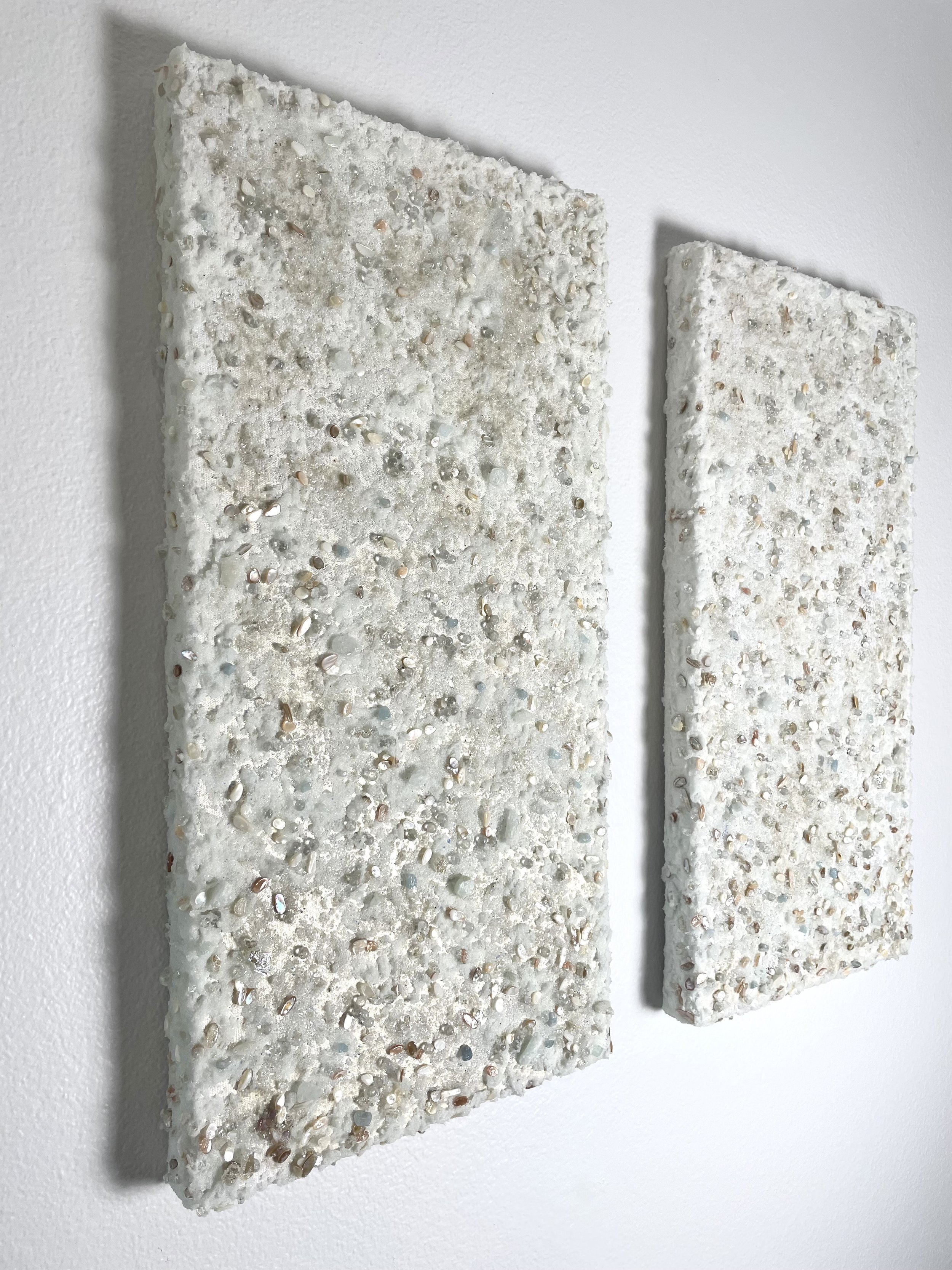 Coquina Prisms;  Blue quartz aggregate, glass, mica flakes, aquamarine, white sand, mother of pearl, and acrylic on canvas, 12”x24” *SOLD