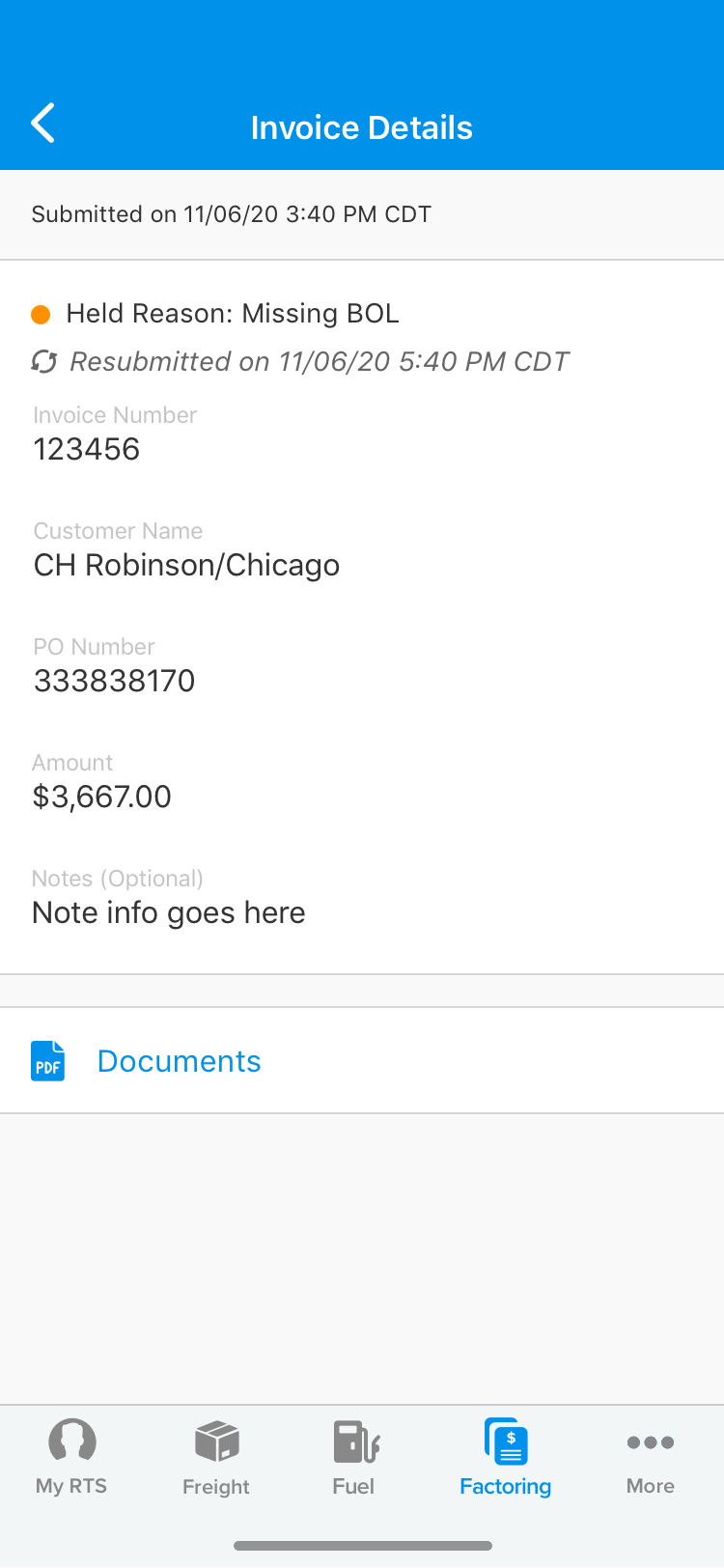 View original held invoice details