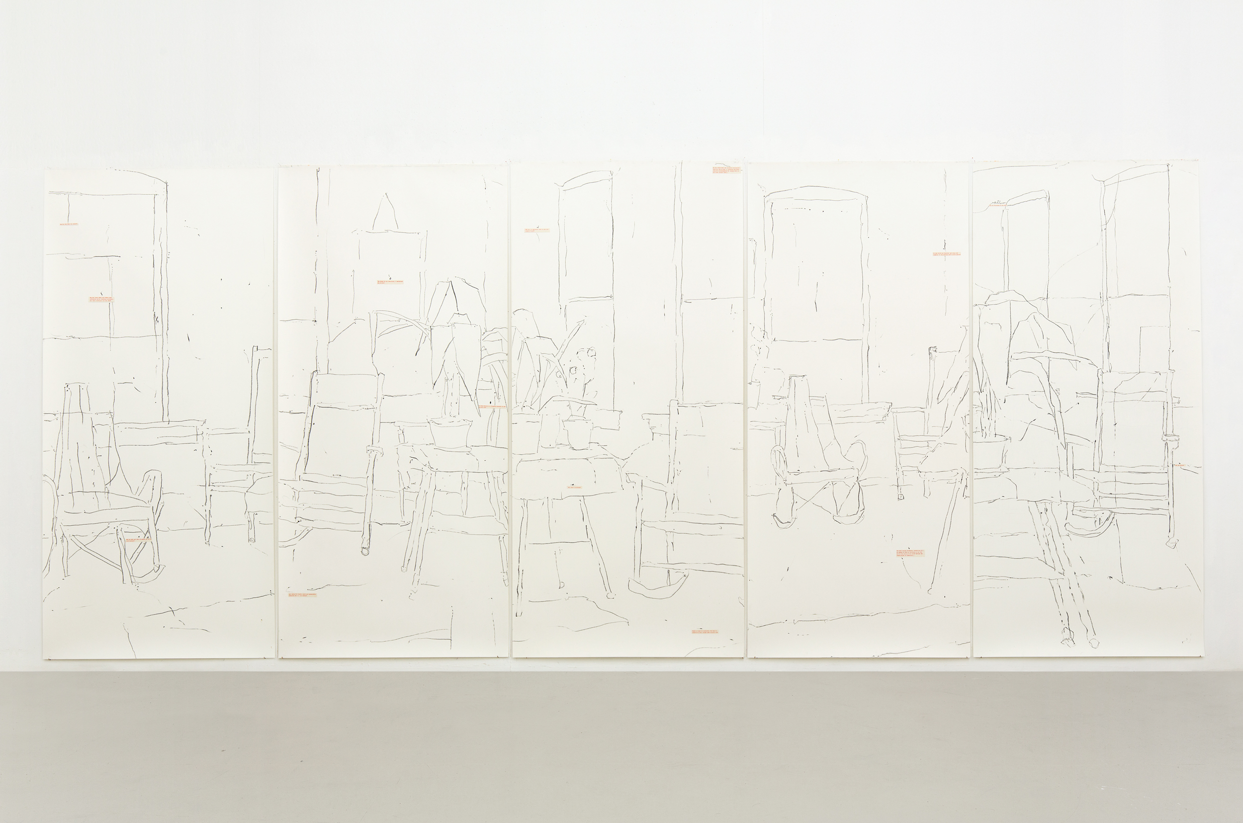 Things Fall Apart - only shadows enter my tent, 2018 Paper, typed on paper, graphite, plaster, metal 14 parts with object Each part 235 x 110 cm, object approx. 200 cm x 10 cm Ø