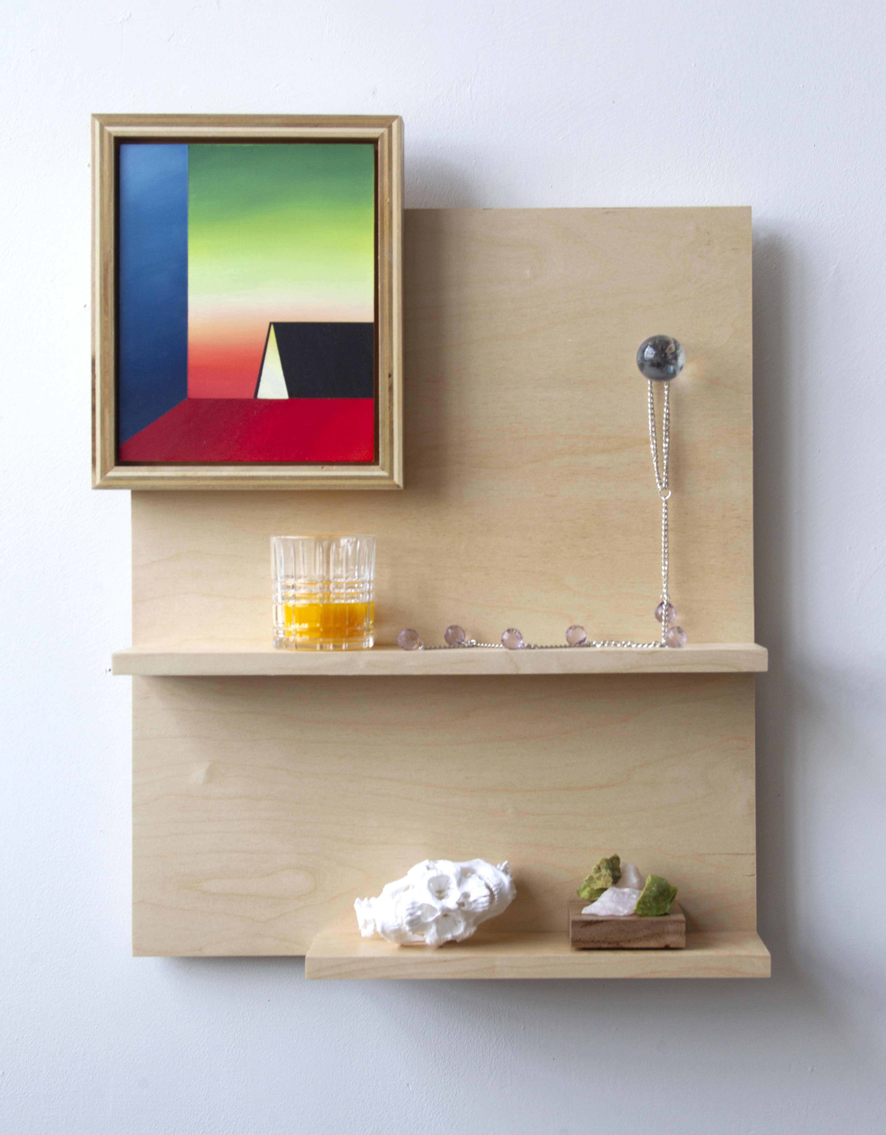 Two Dreams Joined Together, 2021, 24" x 22" x 5". Oil on panel, wood, PLA, plastic, chain, glass, epoxy resin, pigment, rose quartz, green opal, felt, hardware, polyurethane