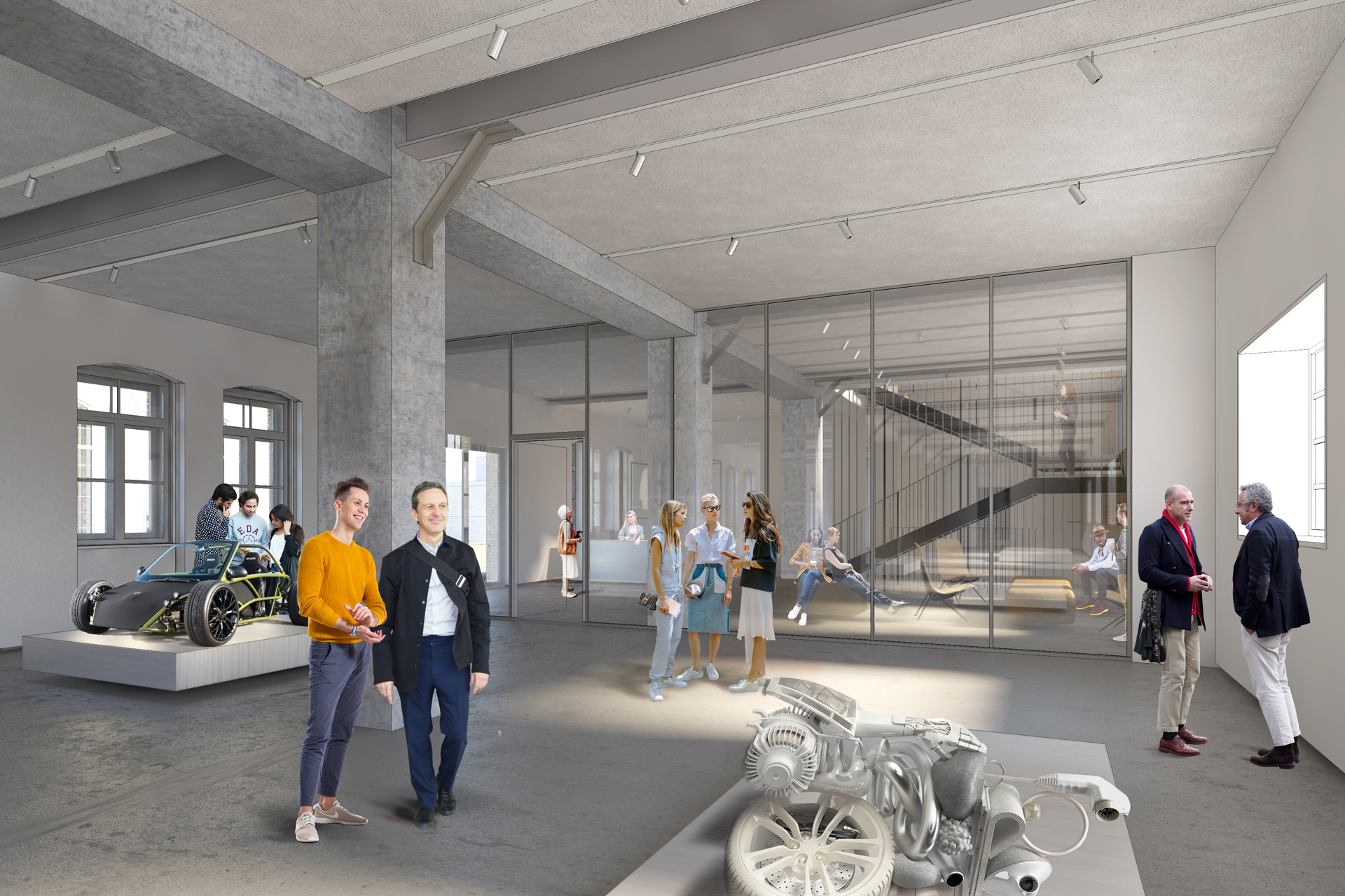 The most present material in the former warehouse is the concrete floor which provides a continuity of the exhibition space and the lobby. 
