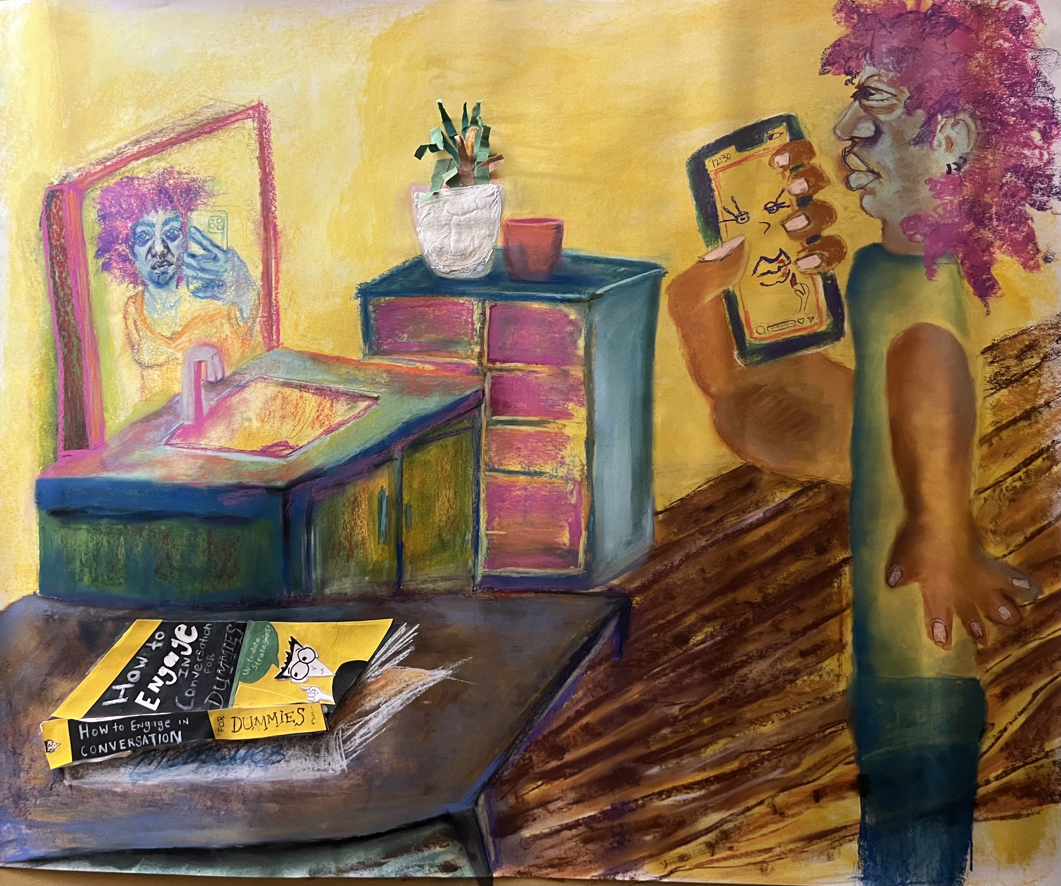 R U INFLUENCED ?, 2024 PASTEL, COLORED PENCIL, COLLAGE USING PAPER AND  FOAM CORE, MODELING PASTE ON PAPER 36 X 45 