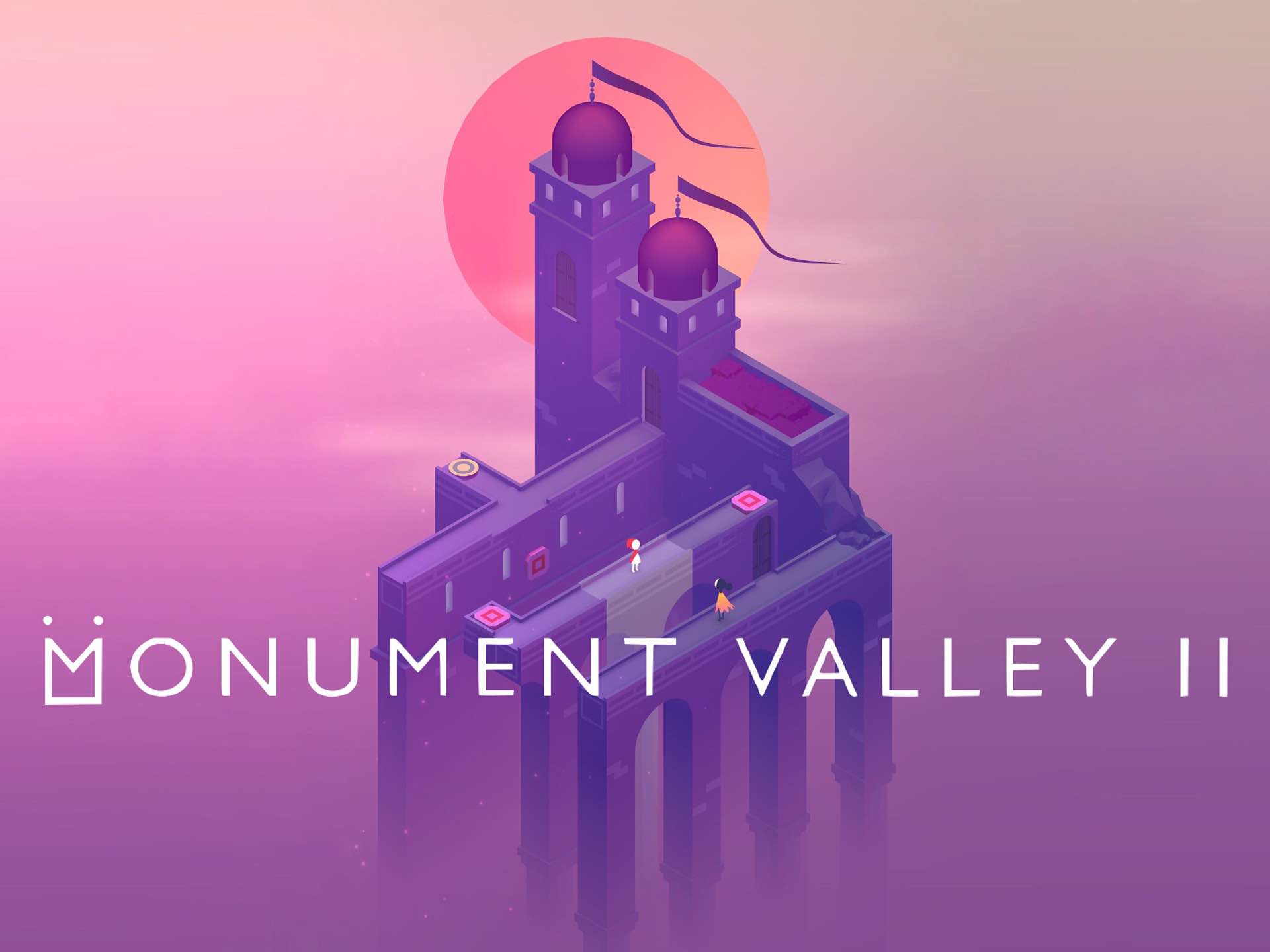 Monument Valley 2 Videogame title. Two small figures stand separated by a gulf within a large purple and minimalistic M.C. Escher like structure.