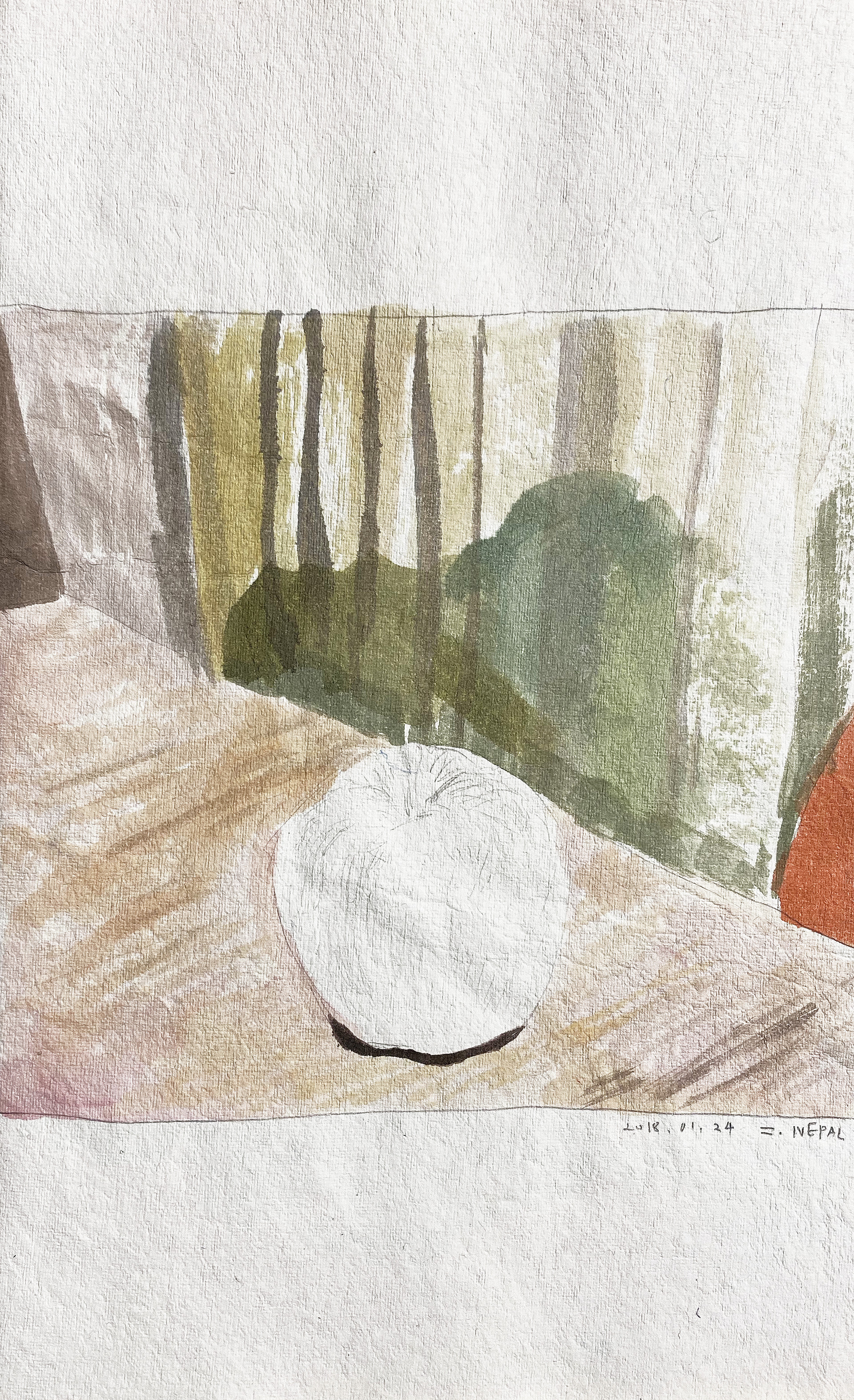 끝내 칠하지 못한 사과, 2018, watercolor on paper, 31*18(cm)
