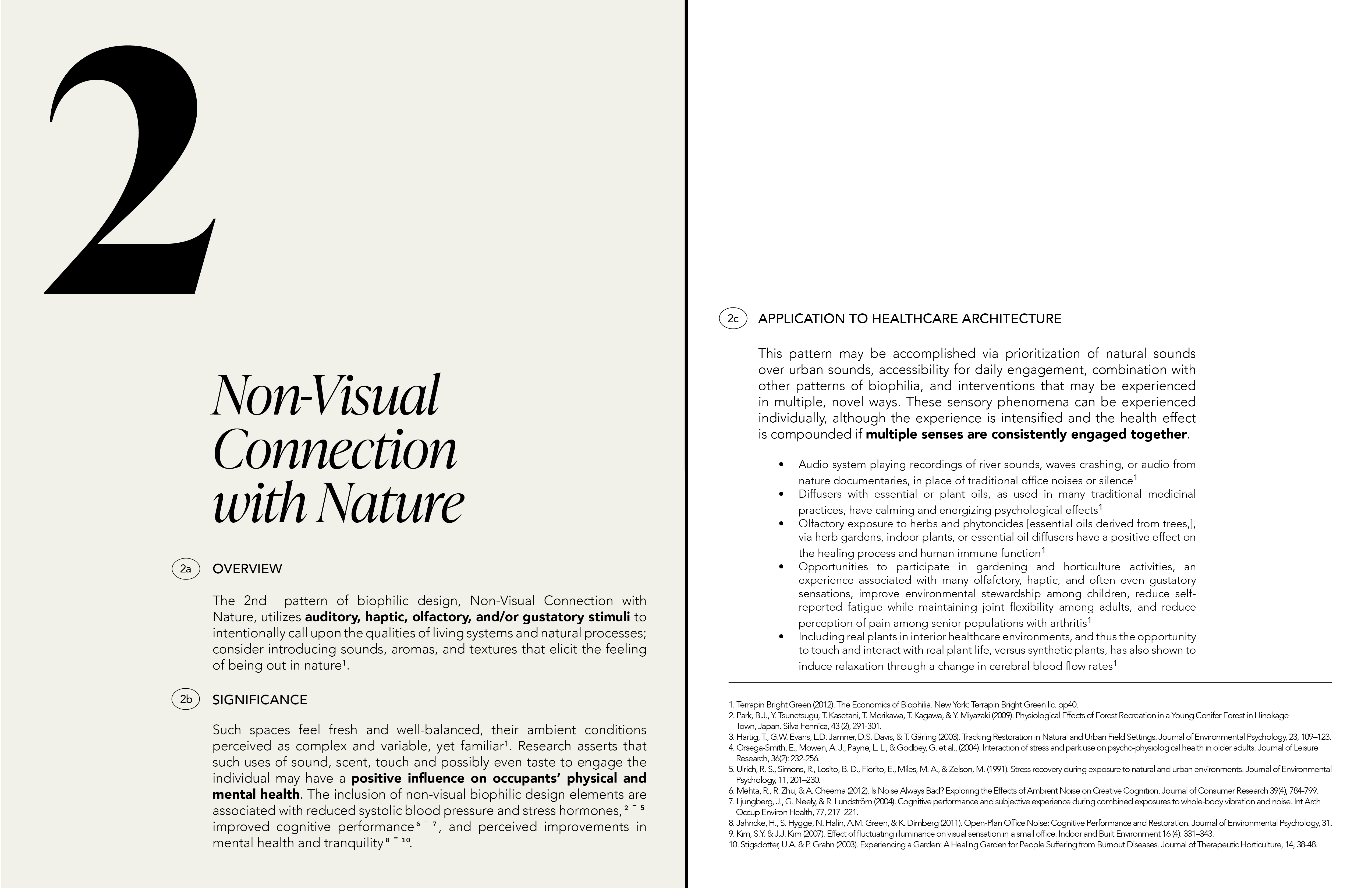 Selected spreads from a 54-page resource document on biophilic design principles for application in healthcare environments. This report was made by my sophomore year studio in collaboration with Weill Cornell Medicine. I was appointed lead graphic designer, independently generated the style guide, oversaw content generation and formatting, and assembled and designed the final document: Adobe InDesign, 2022 