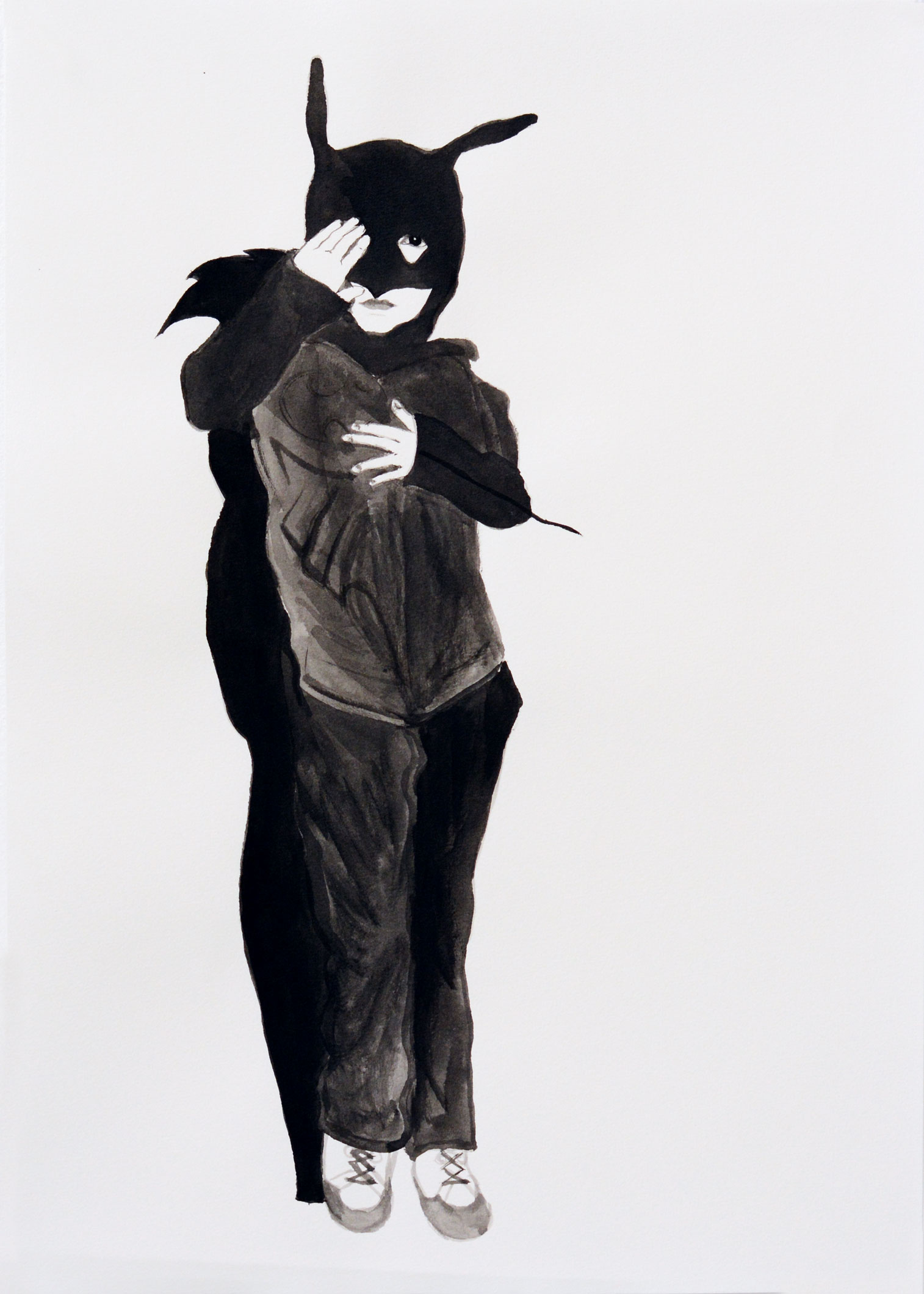 Drawing of a girl wearing a batman costume, one hand on her heart, the other over her right eye.