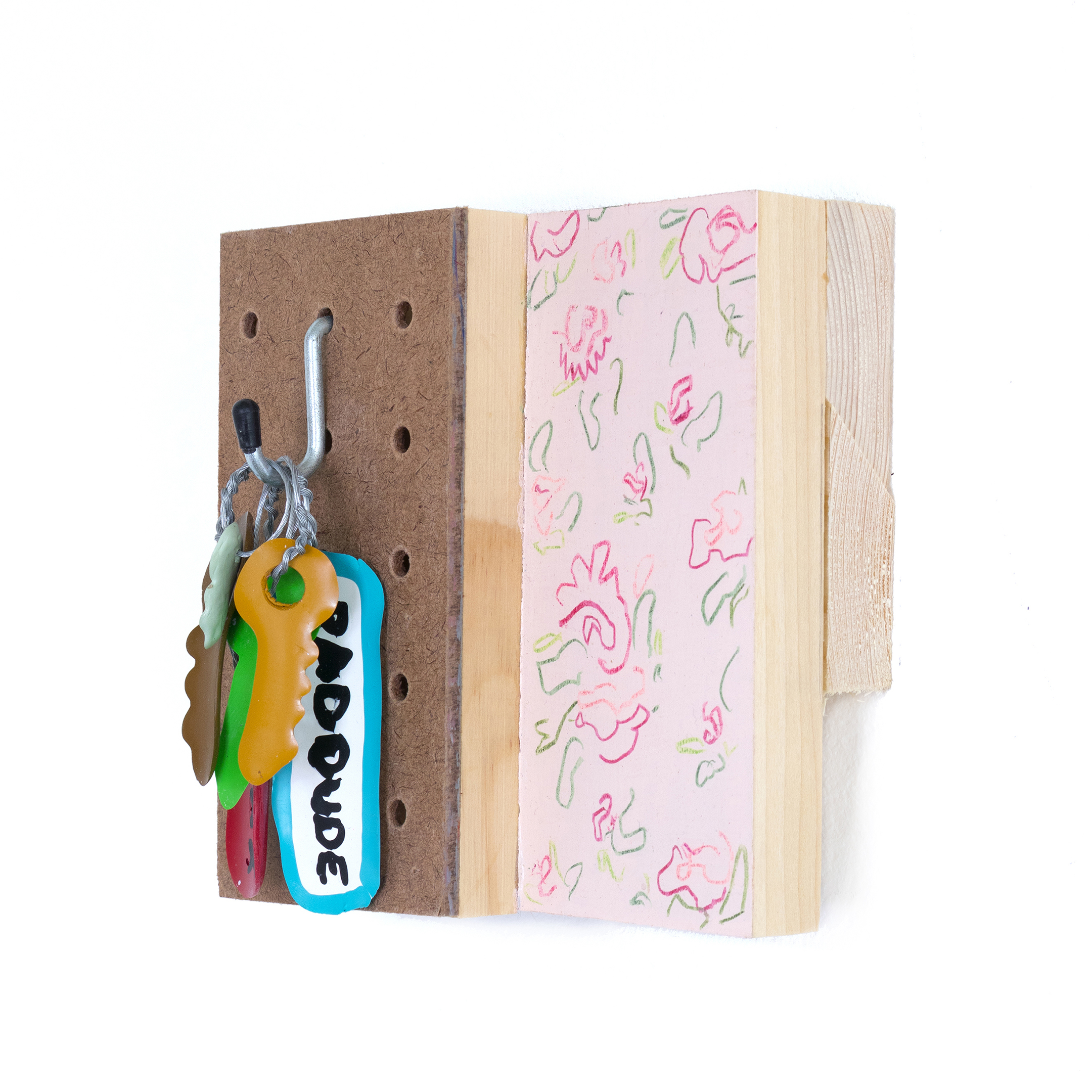 The Life Changing Magic of Managing Expectations, 2018, 5.5&rdquo; x 5.5&rdquo; x 3.5,&rdquo; acrylic, prismacolor pencil, wire, metal hook, pegboard, and picture wire on pine, in collaboration with Justin Korver