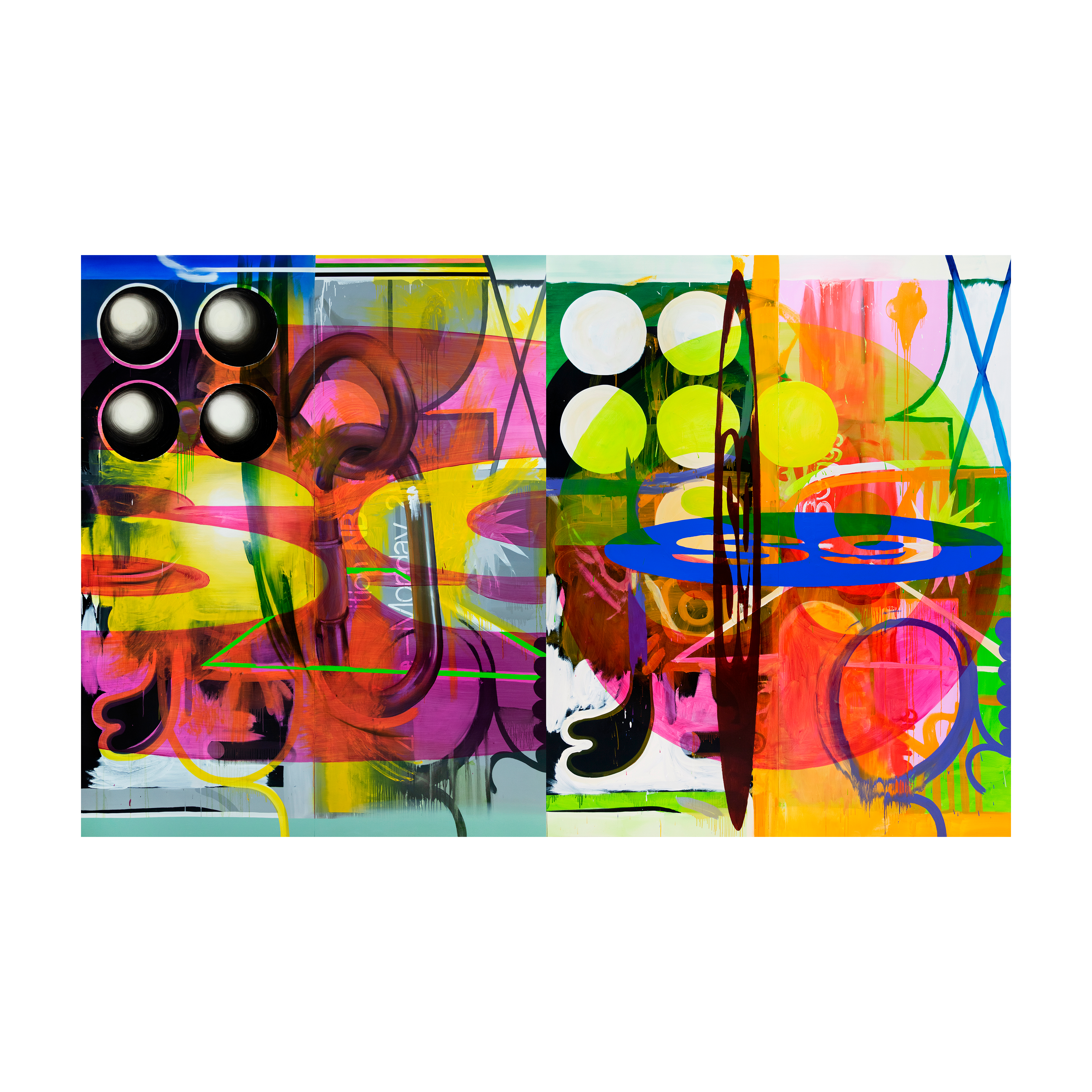 Rodion Ulrich. NB@ggg Part I and II, 2020. Oil on canvas, in 4 parts. Each: 300 x 120 cm (118 7/64 x 47 1/4 inches). Overall: 300 x 480 cm (118 7/64 x 188 31/32 inches).