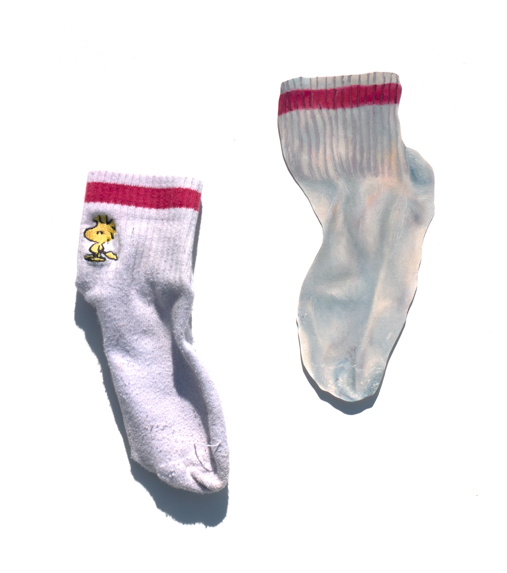 Sock  #1 (Conner), found sock, oil on paper, 2021