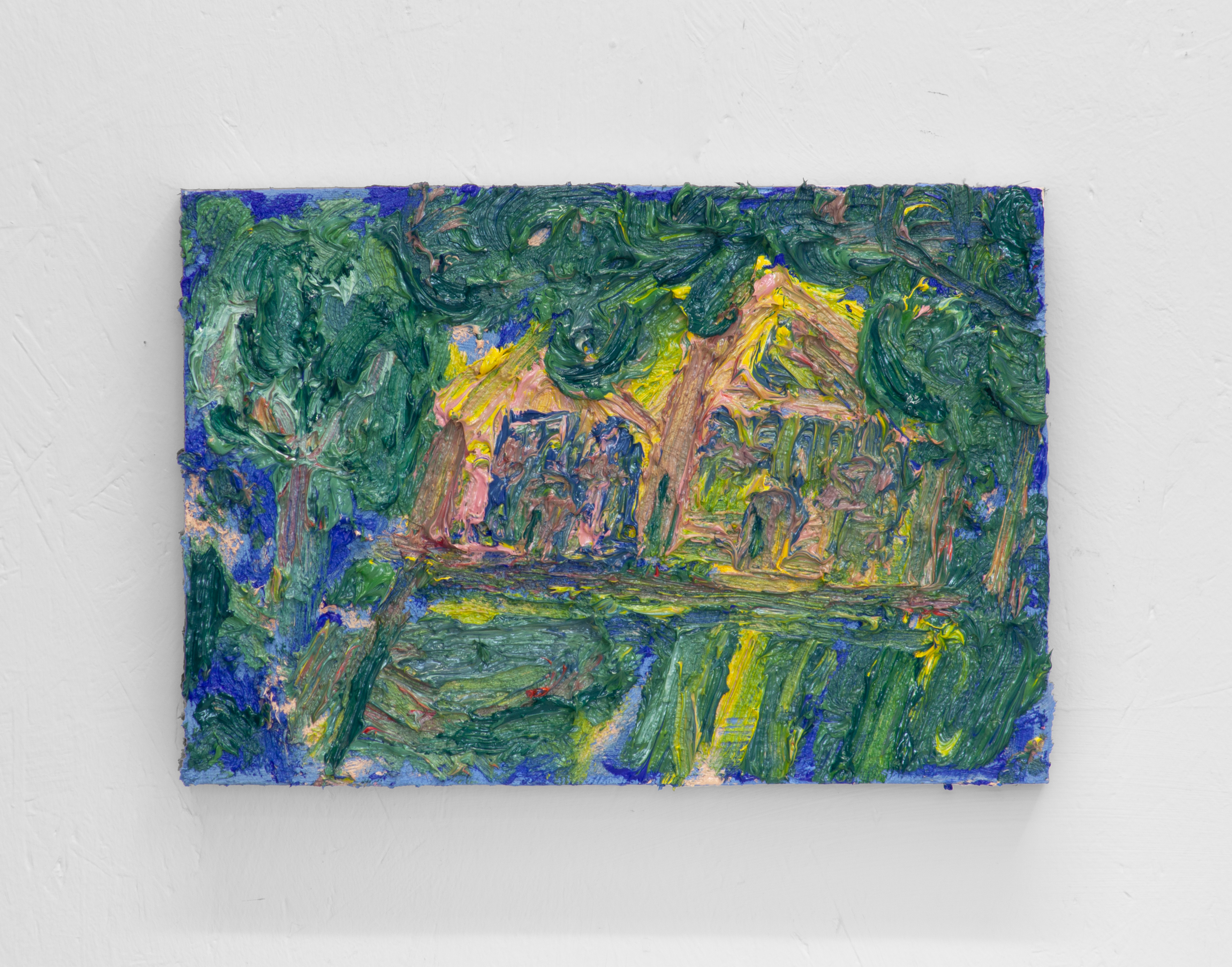 Bungalows near lake, 2025  Oil on wood  23 x 31 cm