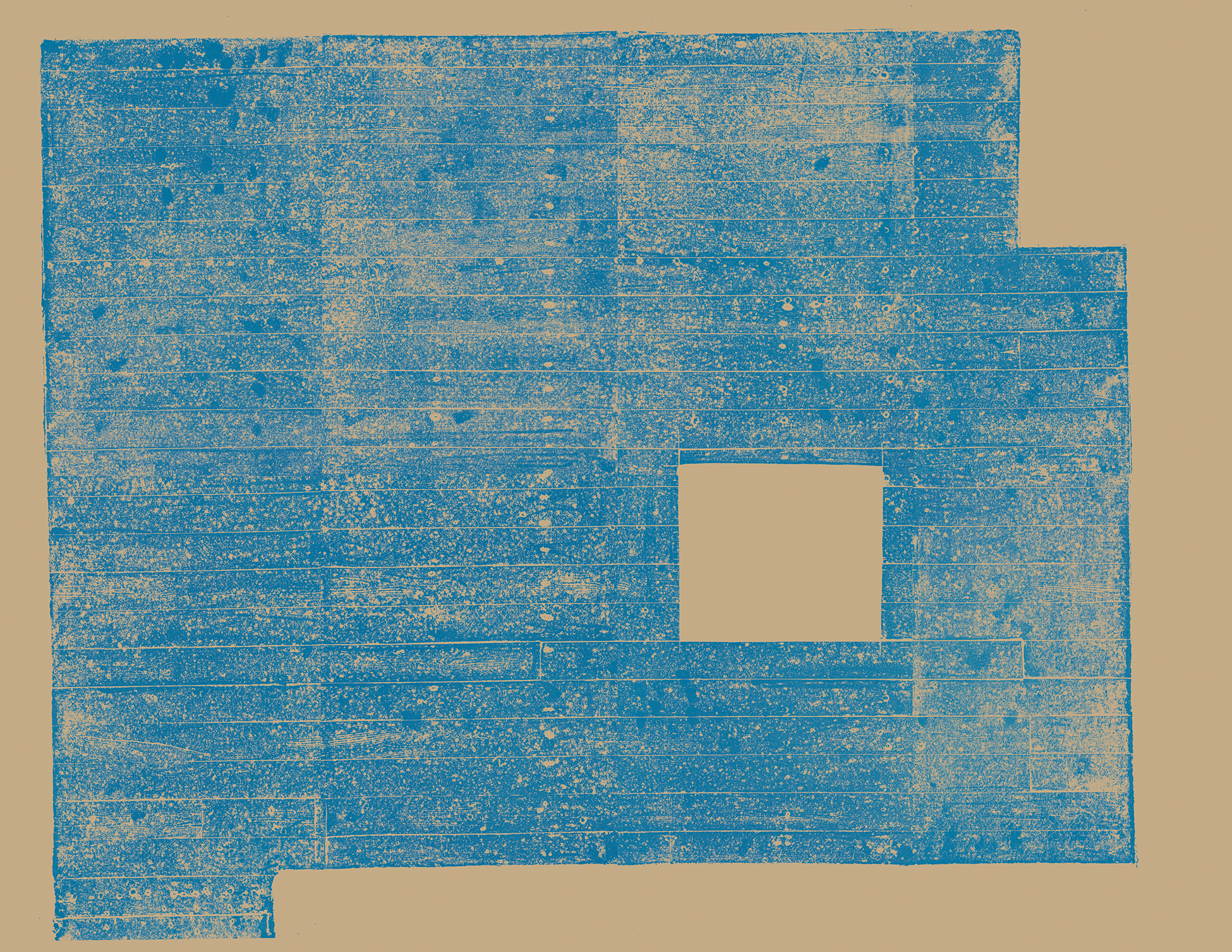 Light Blue Floor with Piece Cut Out, 2014. Woodcut; oil based printing ink. Eight panels, each: 5 feet 6 inches &times; 3 feet 7 inches; total dimensions: 14 feet 4 inches x 22 feet; unique