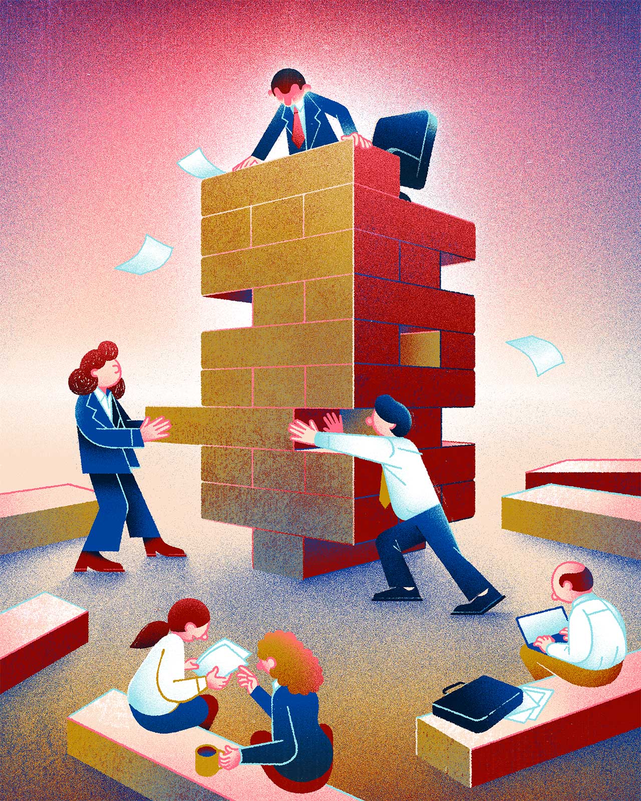 This illustration shows a group of office workers trying to dismantle their boss's table as if they were playing a giant wooden Jenga. 
