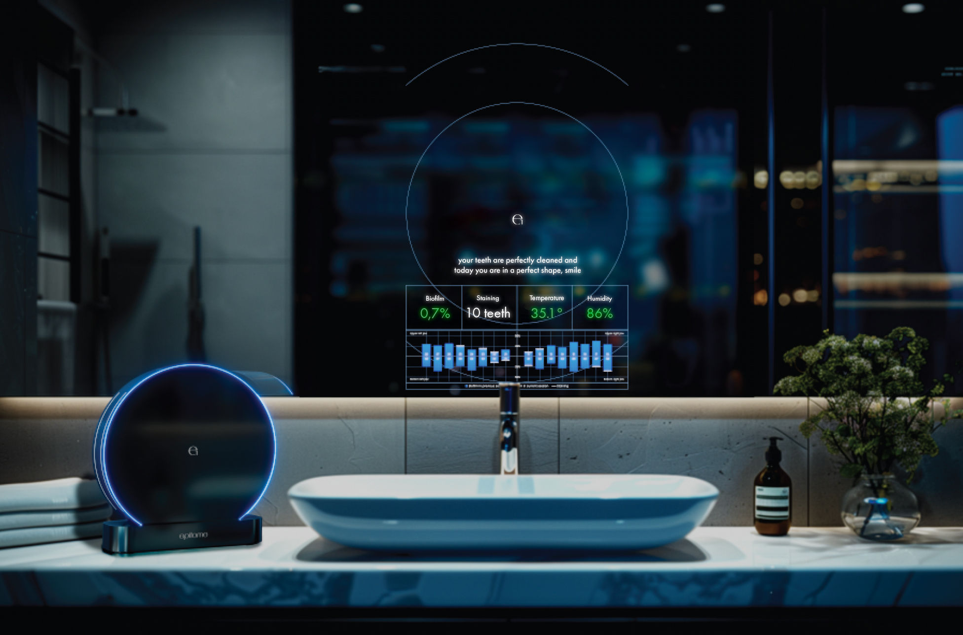 The bathroom of the future.The device connects to the smarts mirror giving instant real data while you interact with e1 for your daily oral cleaning routine