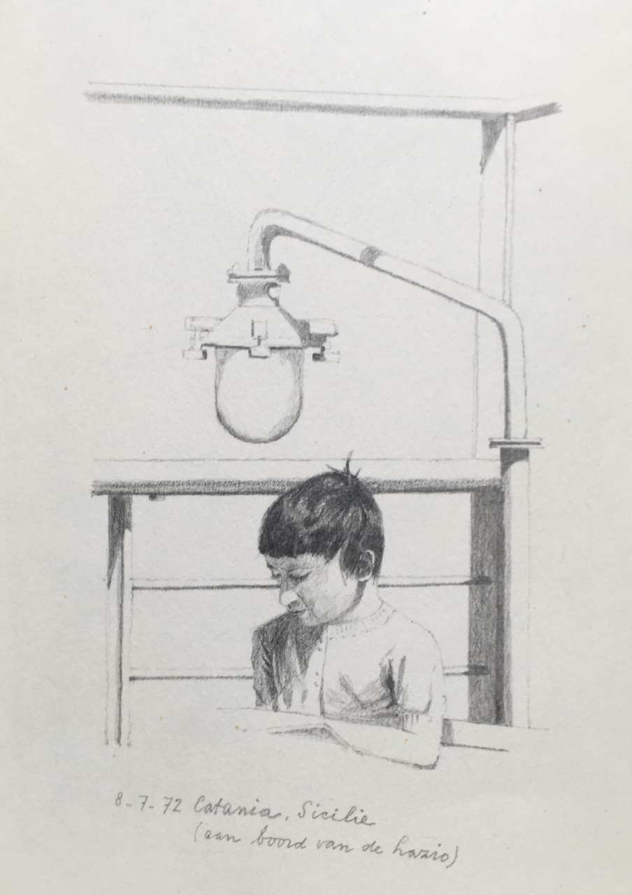 Siciliaans jongetje aan boord van de Lazio op weg naar Syracuse 1972 - pencil 16x12 cm
