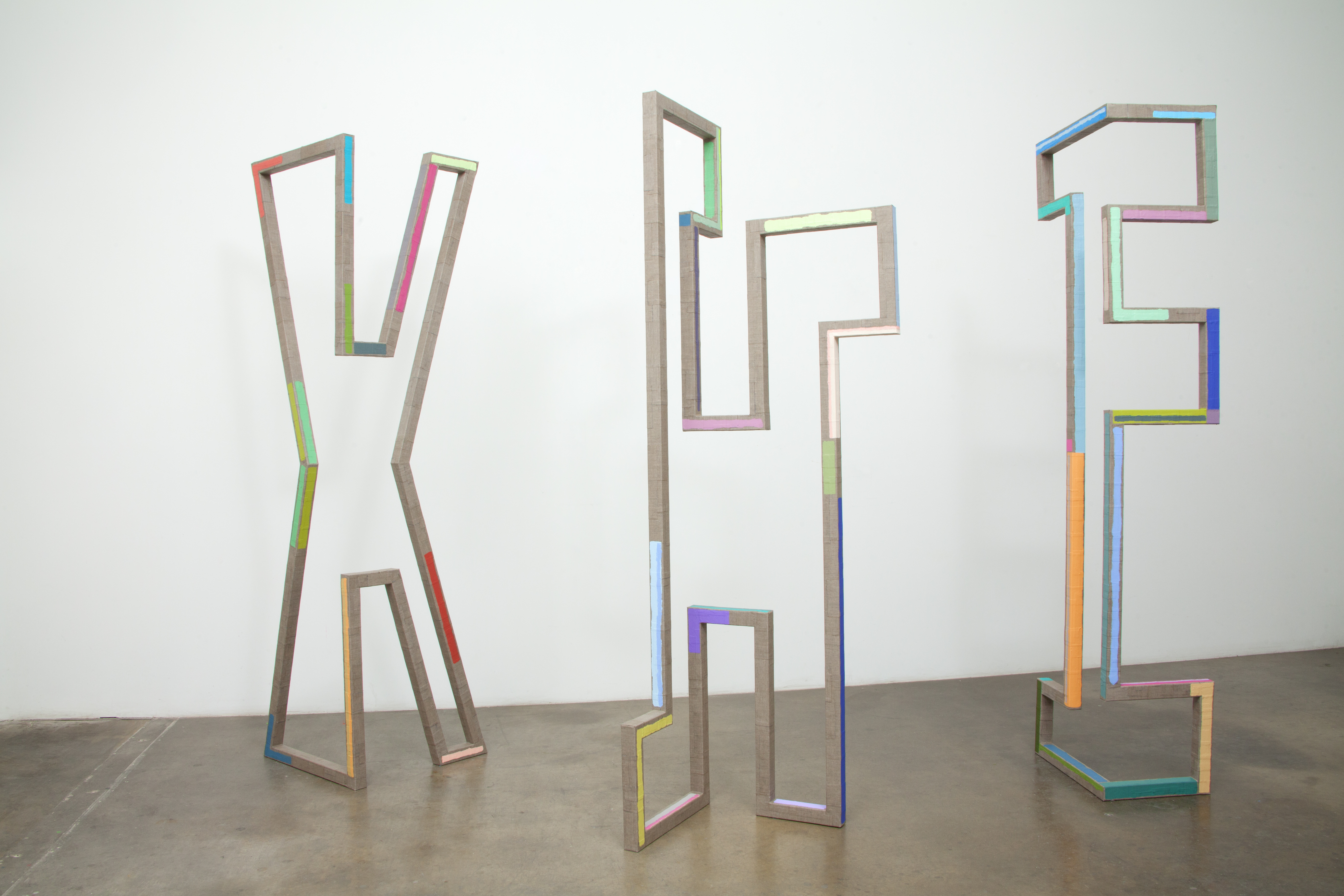 Extend, Hatch, Unfold, 2018Steel wrapped with linen, acrylic paintApprox. 96 x 30 x 30 inches each