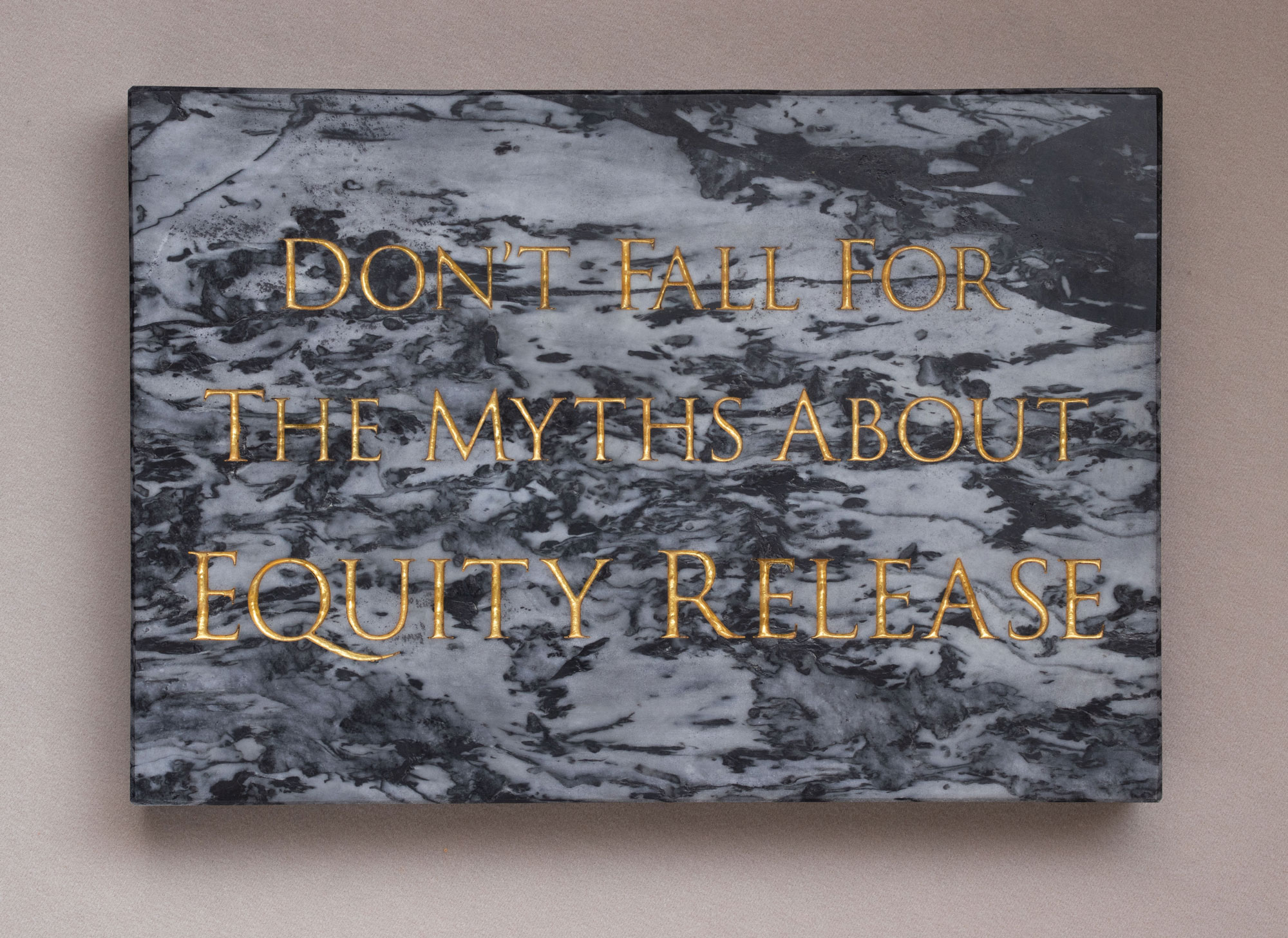 Don't Fall for the Myths, marble, gold leaf, 23 x 33 x 4 cm