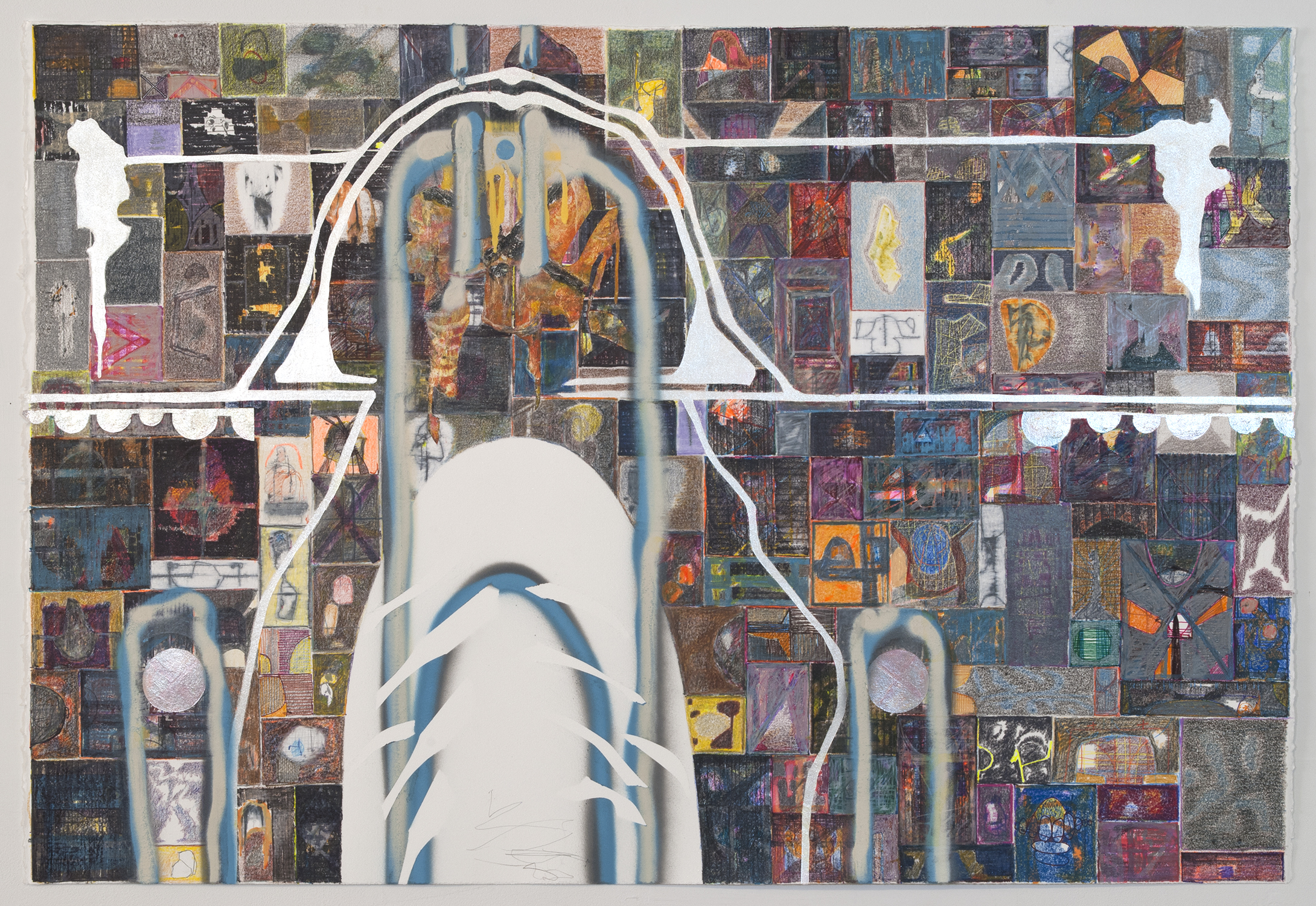 negative index  Ink, graphite, colored pencil, gesso, oil pastel, mica powder and aerosol on paper.   2013 - 31 x 47