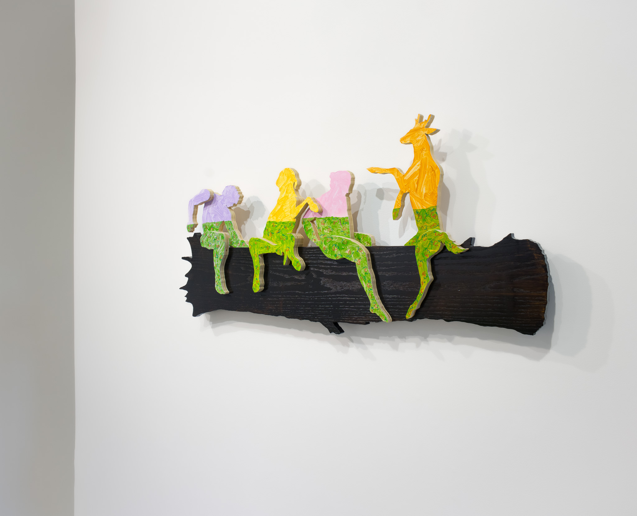 A Settle  2023, 48” x 21” x 2”, acrylic paint and crayon on oak and plywood  