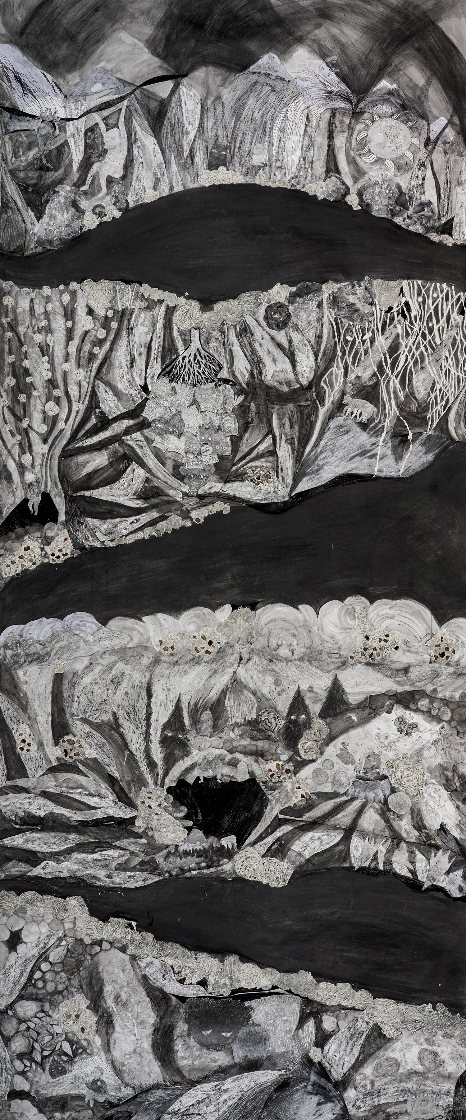 긁어모은 땅, 2021, 종이에 흑연, 콜라주, 혼합재료, 360x150cm