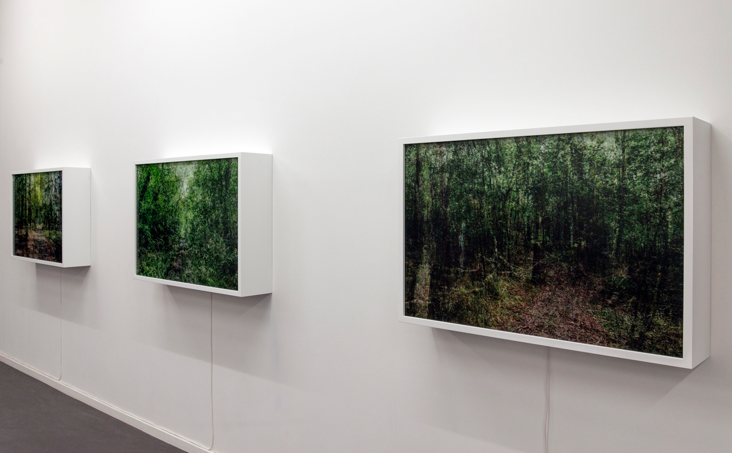 Lightboxes (2022), archival pigment print on backlit paper, plexi, MDF, LED strip, 72.5 x 108 x 20 cm / 28.54 x 42.52 x 7.87 inches. Installation view (© Gesche Würfel 2022)
