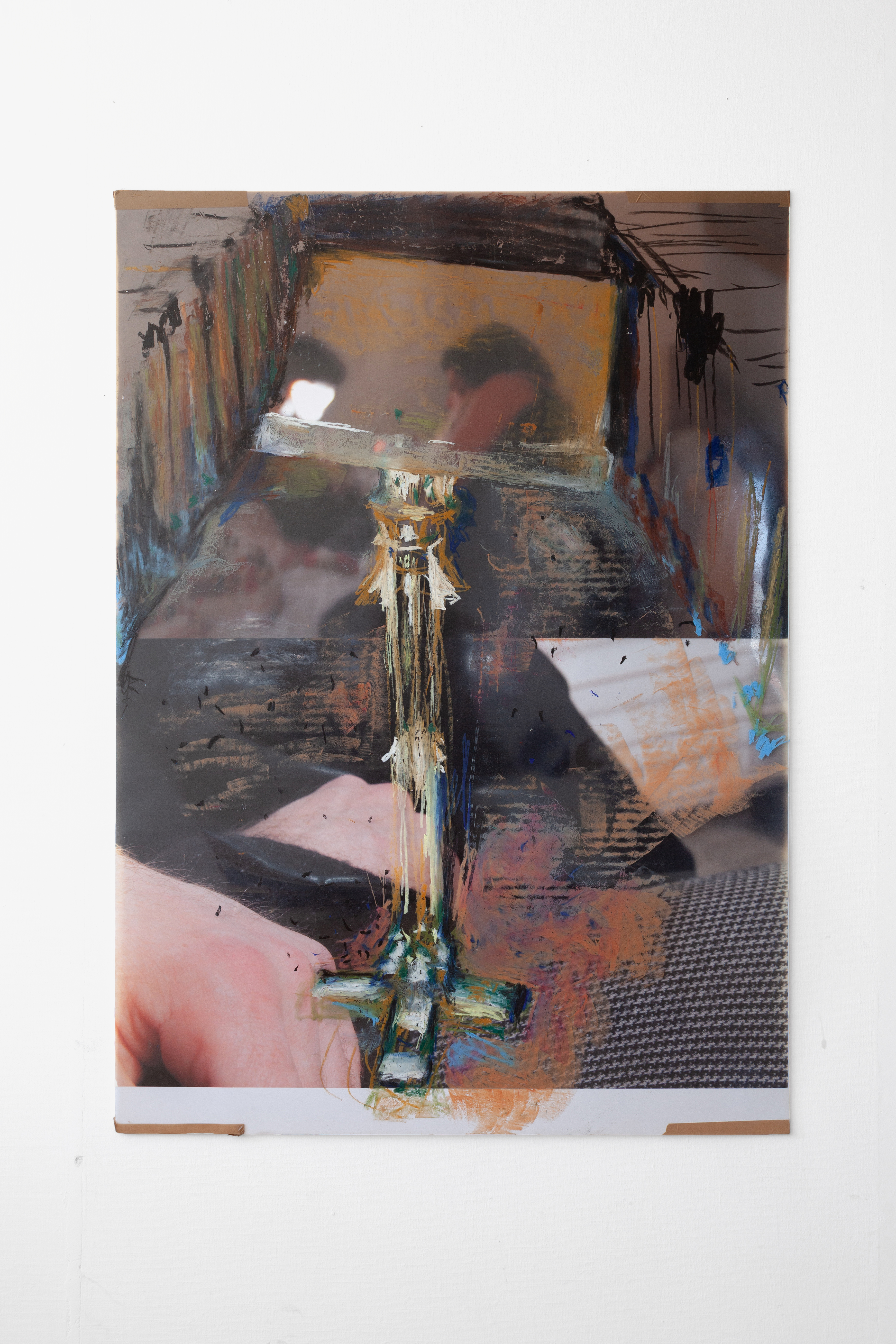 Prophecy#4 ,2017.140X100 cm. Foam board, printed posters, plastic sheet, brown parcel tape, oil pastels