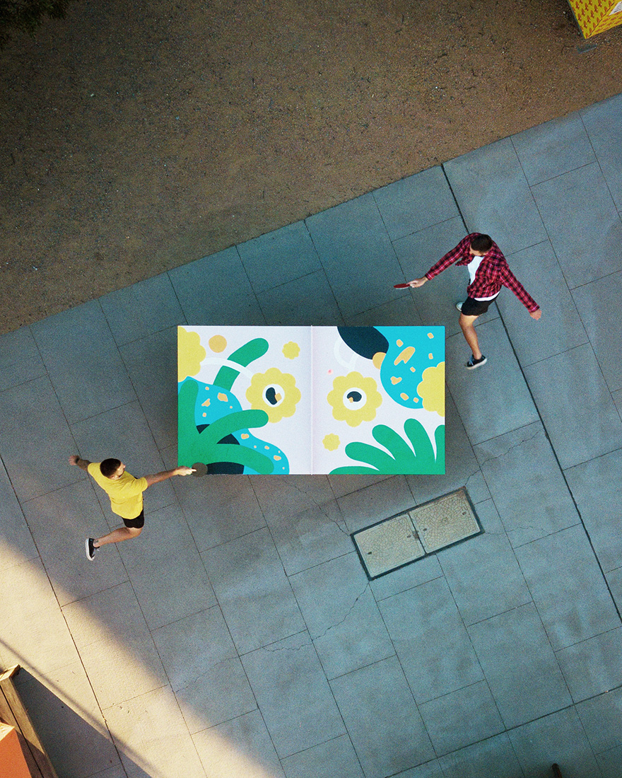 A POPP ping pong table seen from above with custom artwork