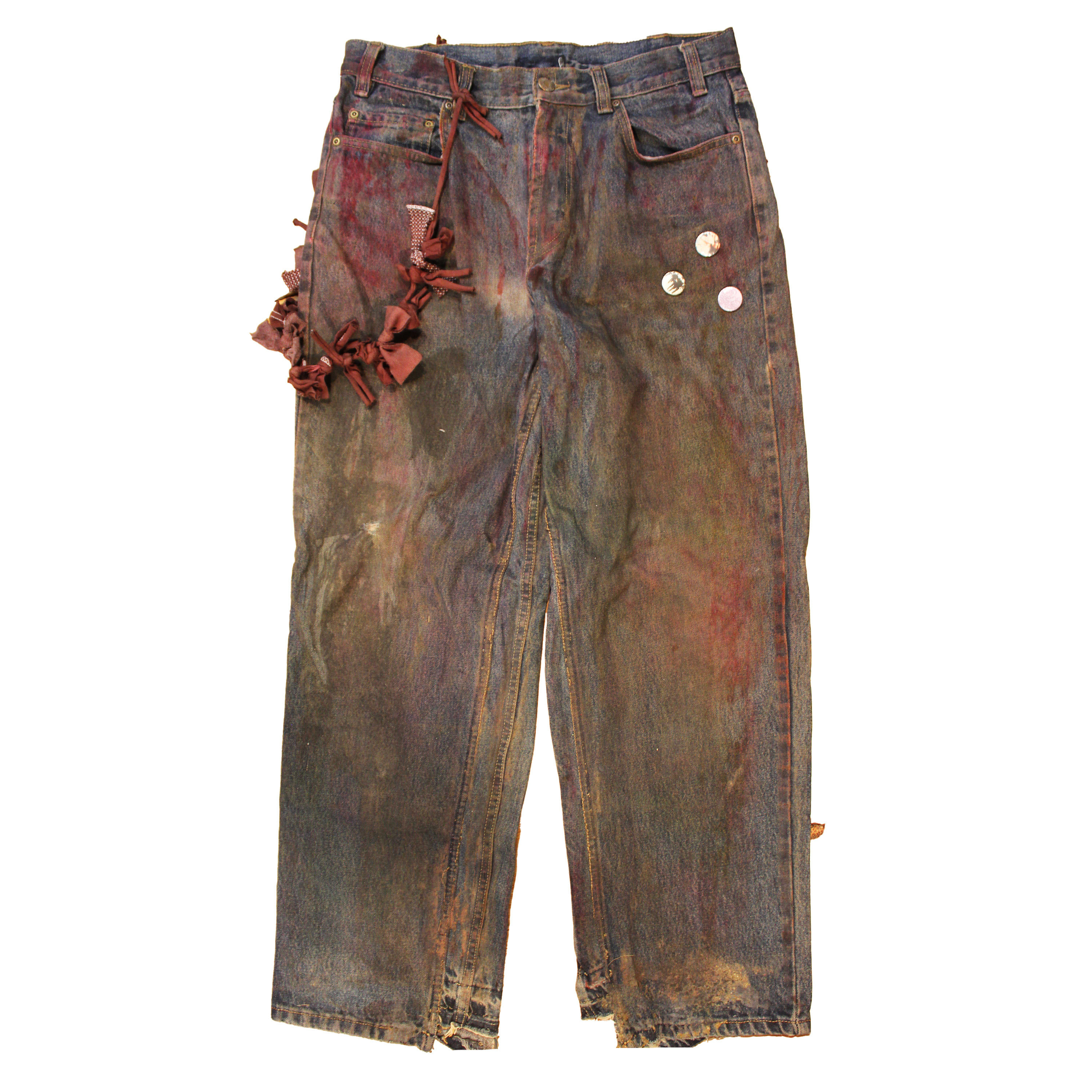 reclaimed vintage surplus denim screen printed with textile dye & various metals. tailored for straight/wide fit. fitted with custom keychain, scrap chain, and leather patches