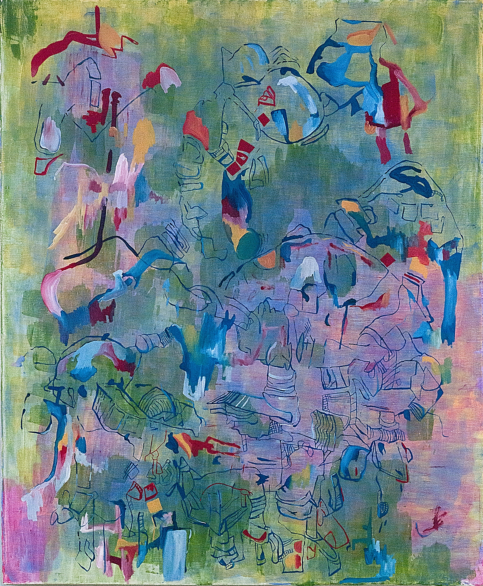 Man Putting in Contacts, oil + acrylic on linen, 36 x 30 inches, 2023