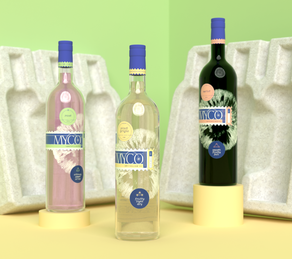 Three MYCO wine bottles positioned in front of open Mushroom® Packaging clamshell