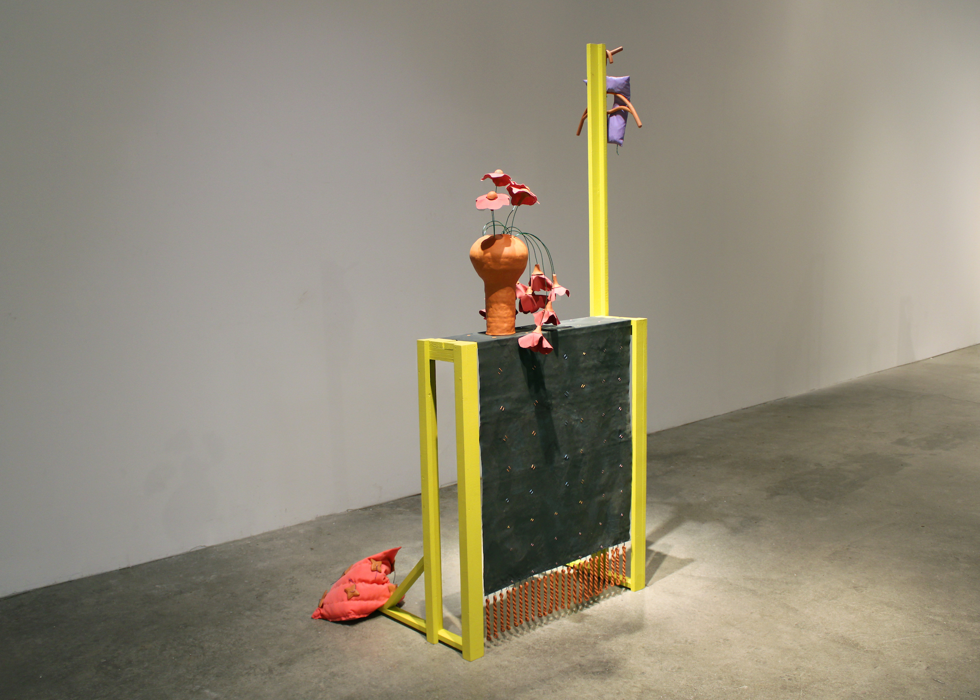 Sorry we Couldn't Make it, 2021, canvas, cotton, wood, ceramic terra-cotta, sand, house paint, 72" x 38" x 28"