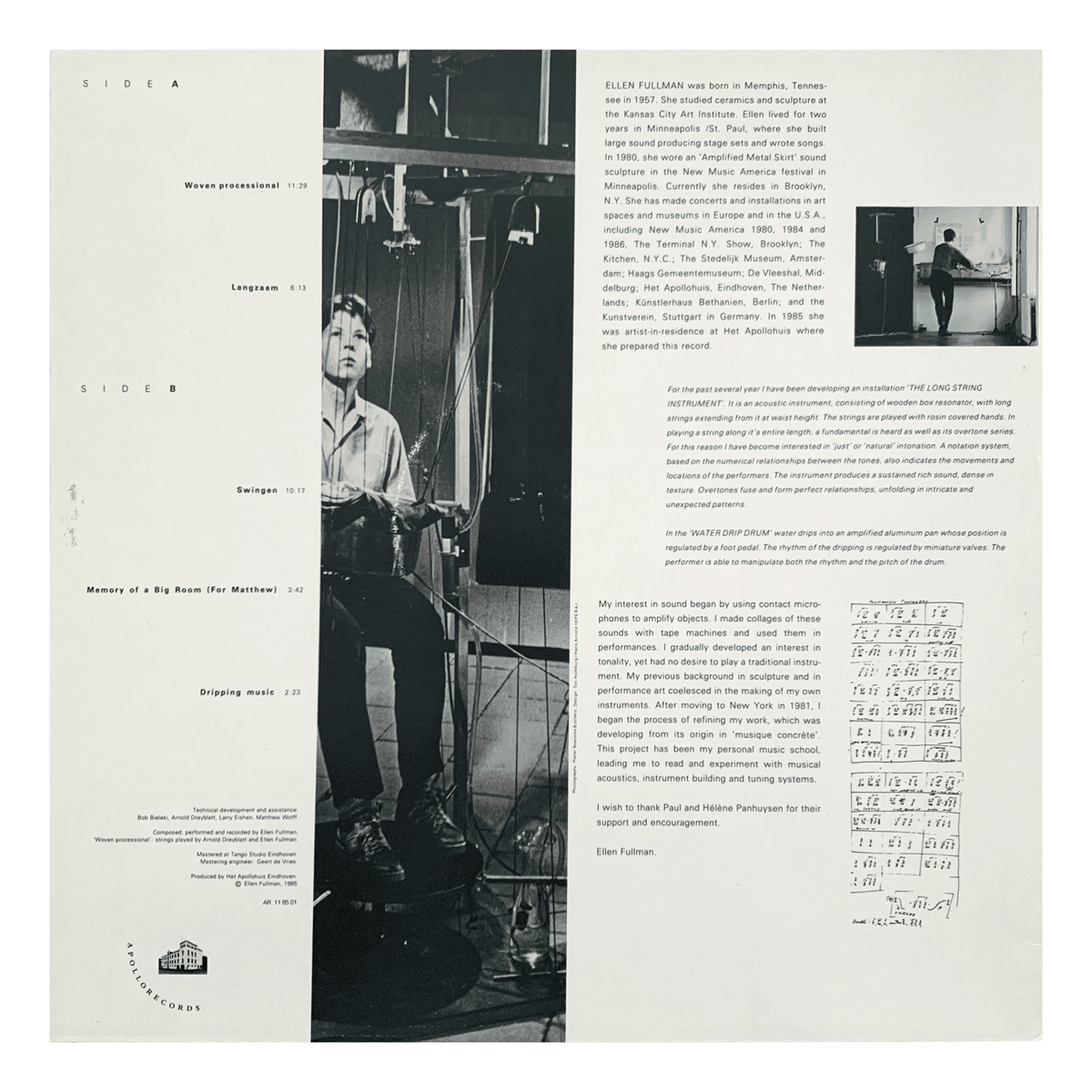 Apollo Records AR 118501 Ellen Fullman - Woven Processional; Langzaam; Swingen; Memory of a Big Room (For Matthew); Dripping Music Ellen Fullman Design: Hans Arnold | Ton Homburg (credited)