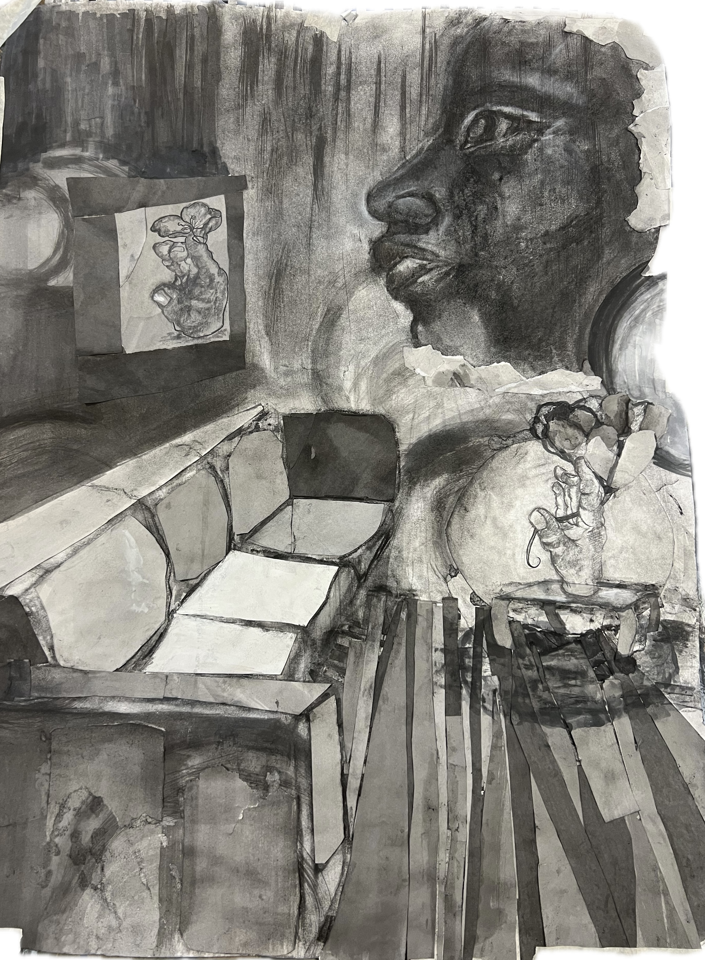 MUSIQ IN BLACK AND WHITE, 2023 COLLAGE AND CHARCOAL 