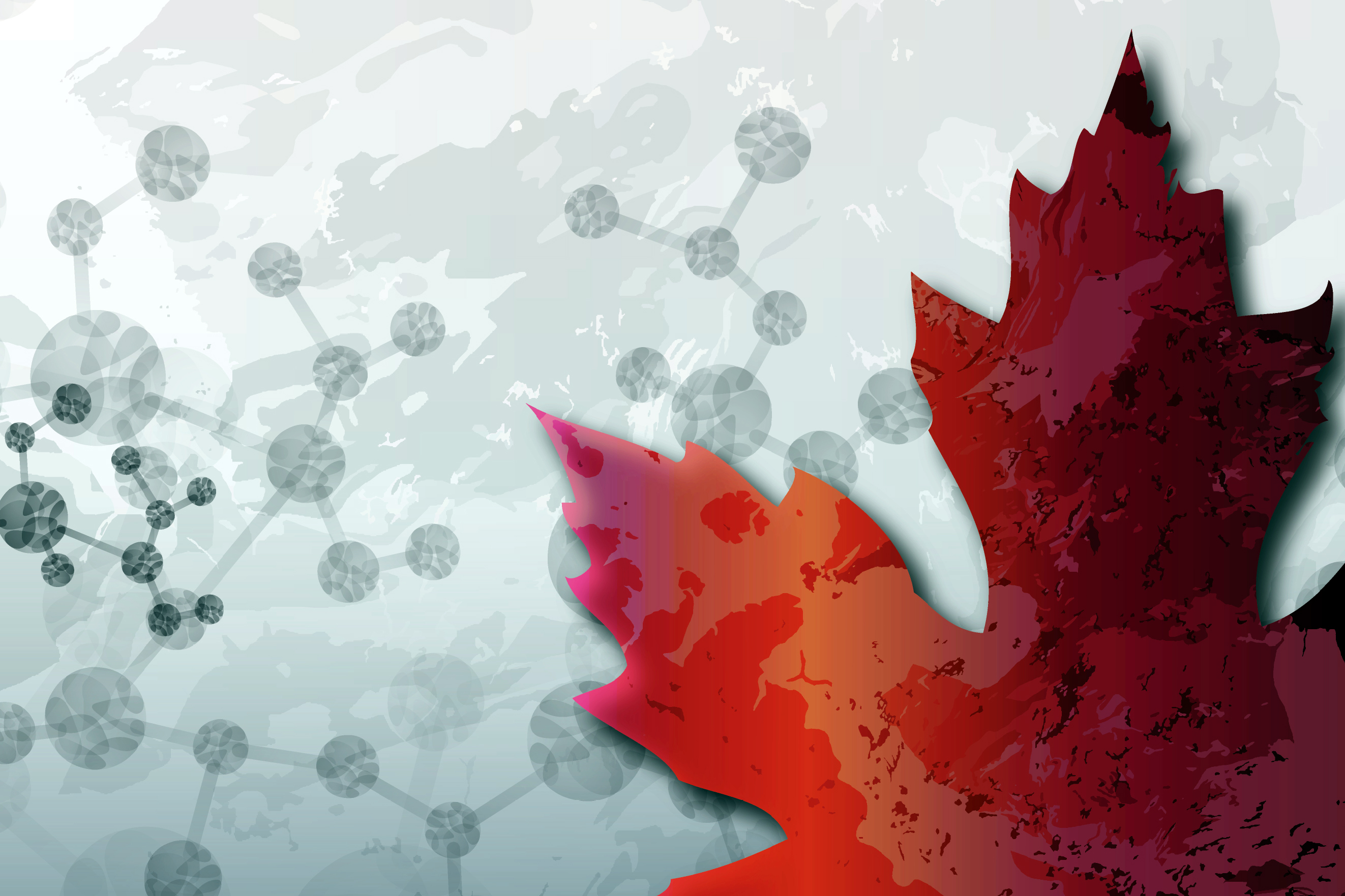 Red maple leaf on top of abstract molecular background