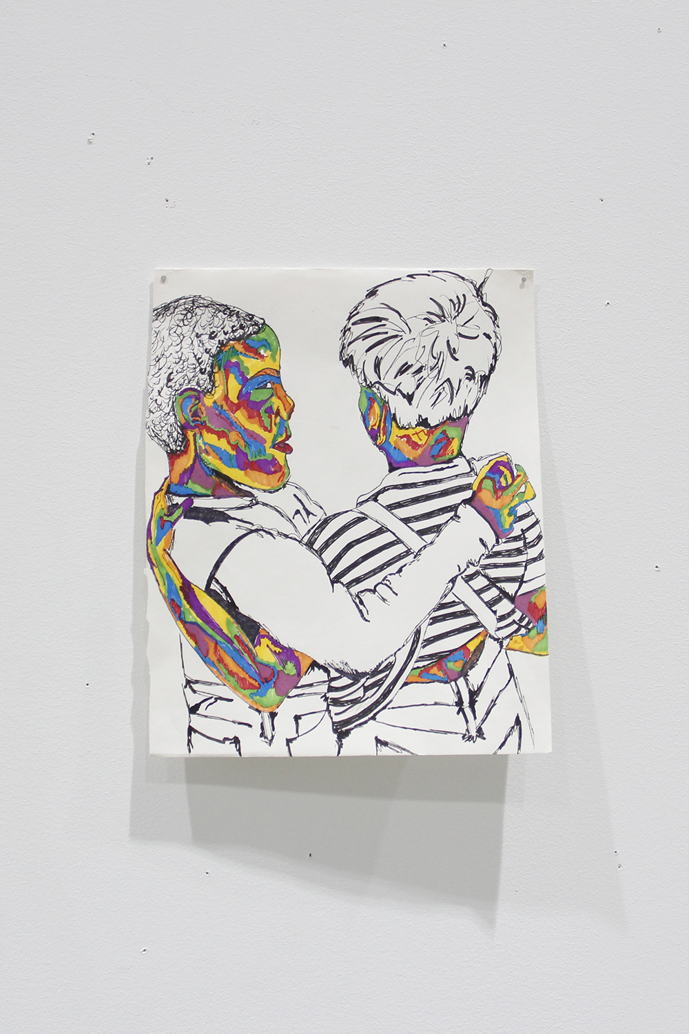 A drawing of two side hugging figures whose faces and skin are multicolored.