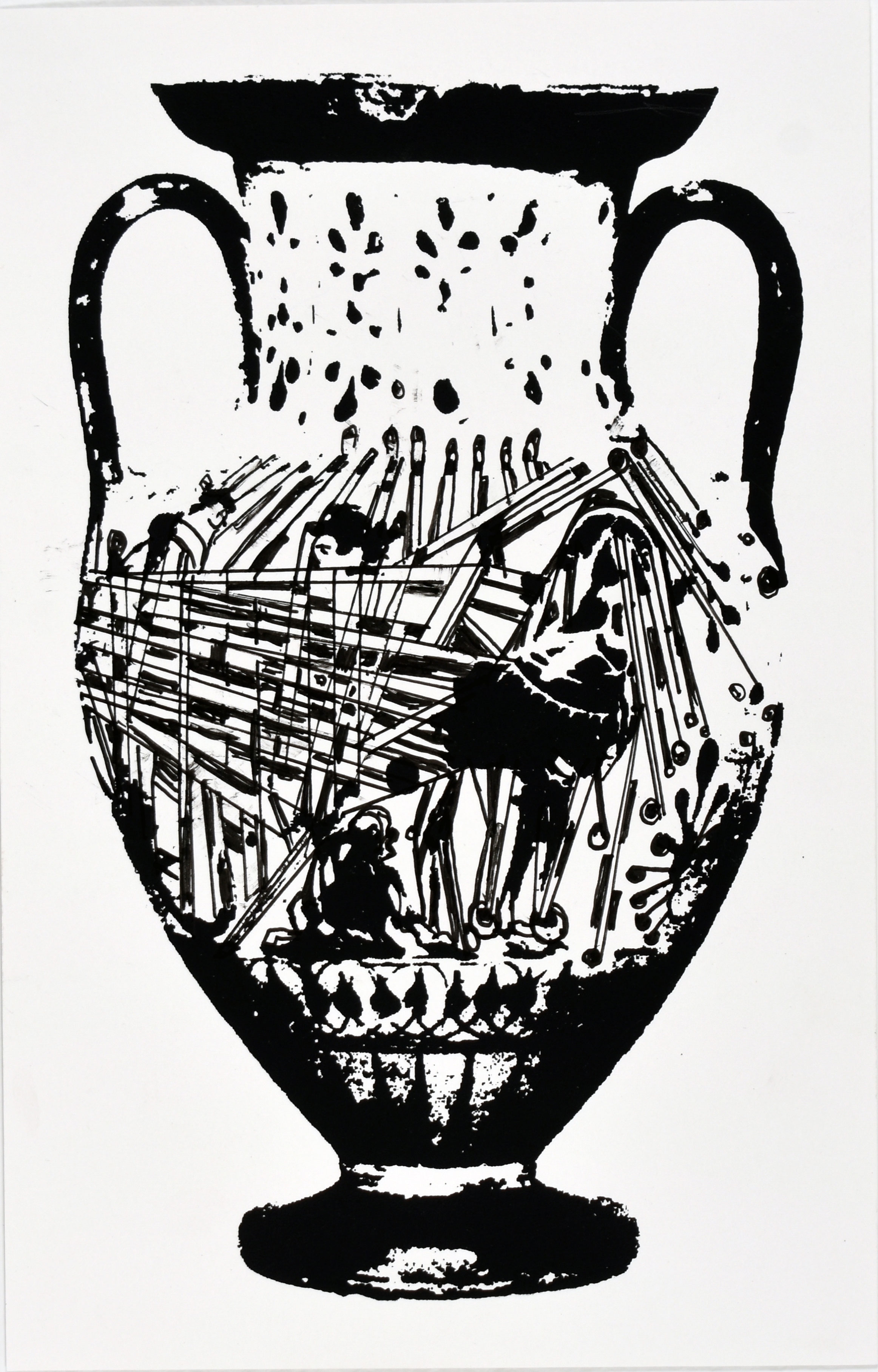 12135 (P.DR.01) A: Warrior Between Scythian Archers. B: Warrior Departing (?), Chariot, Athena (?), Screenprint and acrylic drawing on paper, 9.5 x 5.75 in., 2024