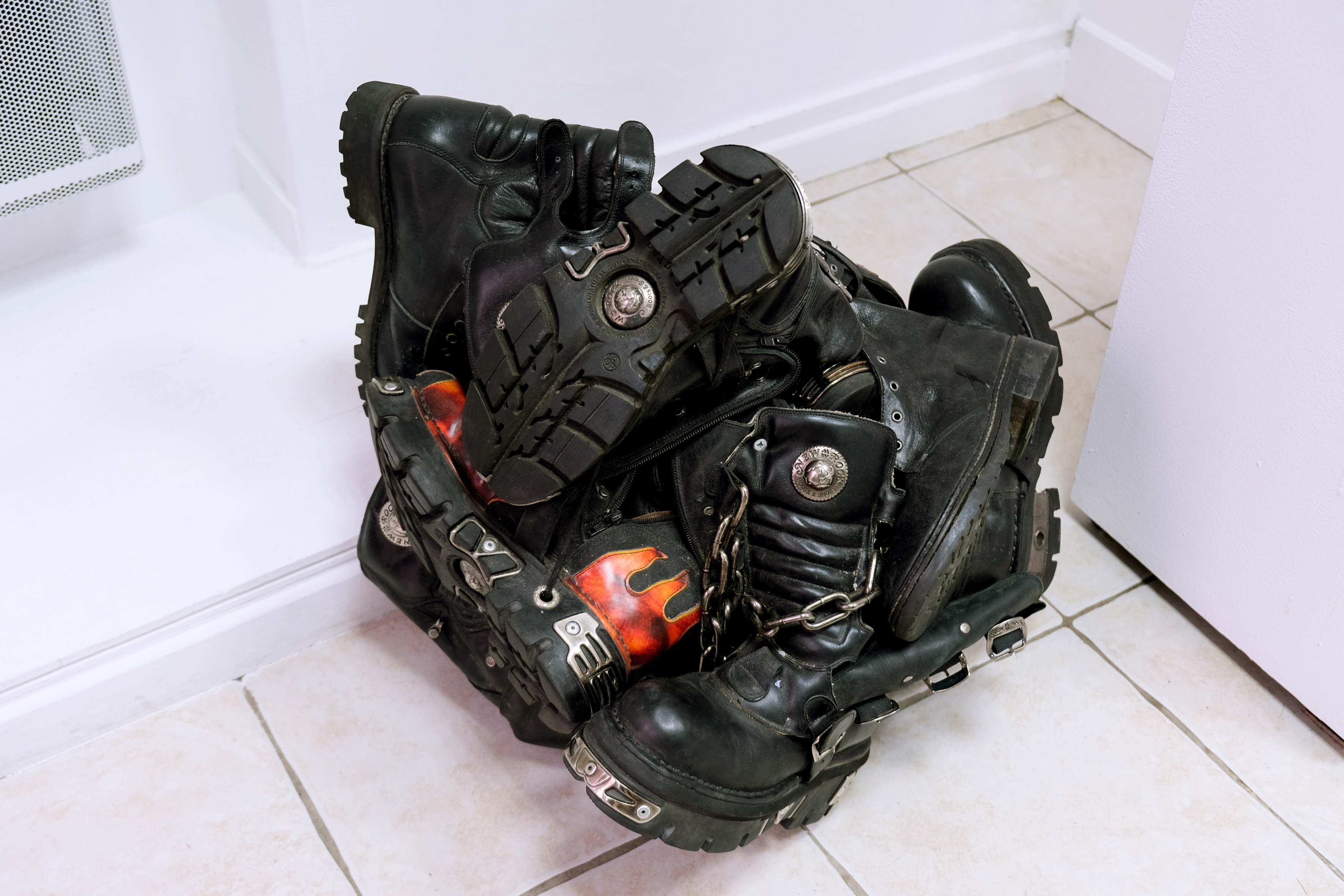 12 sided dice, 2021. New Rock boots & Police boots, 60 cm x 50 cm x 55 cm.