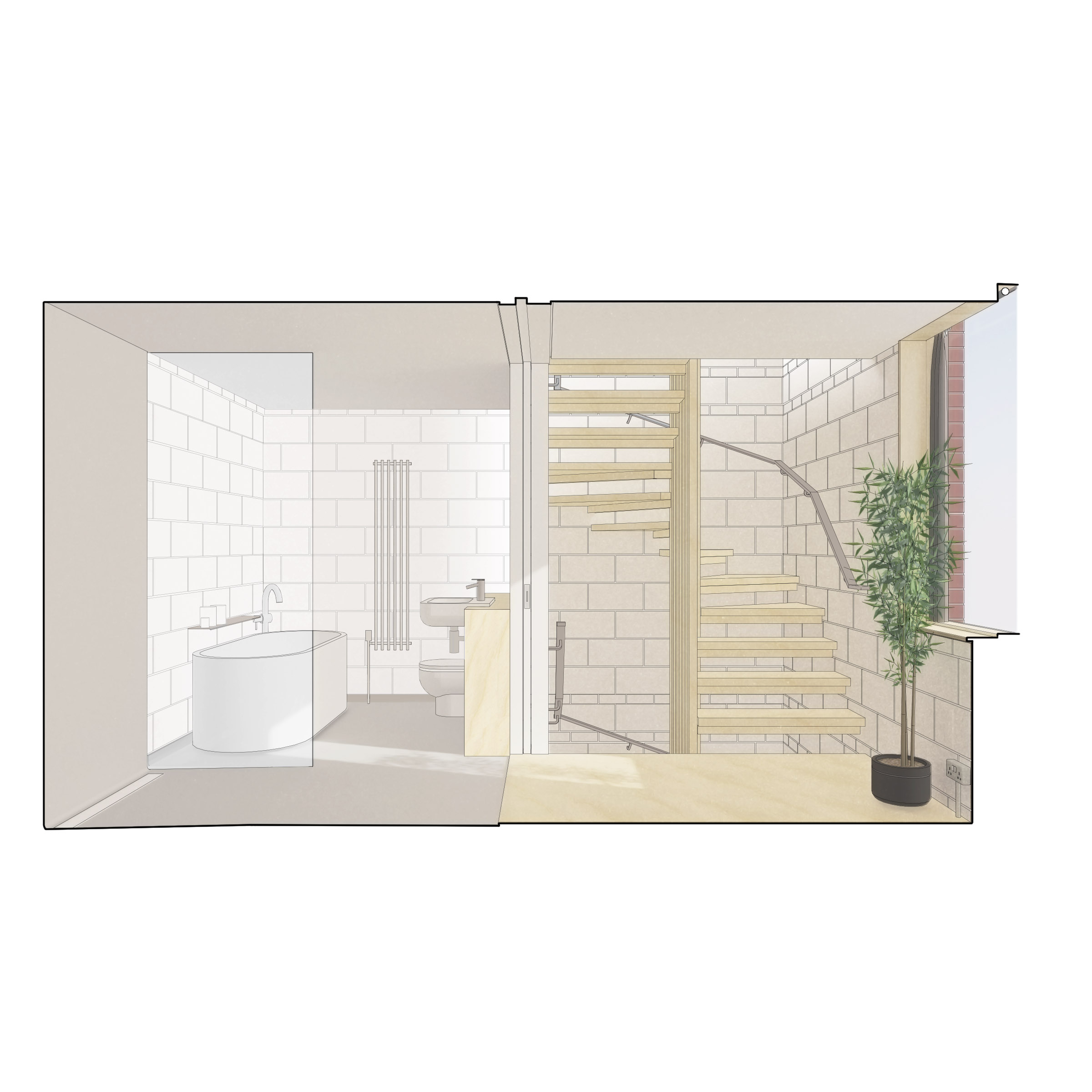 A generous bathroom and open-tread spiral staircase give the first floor a luxury feel.