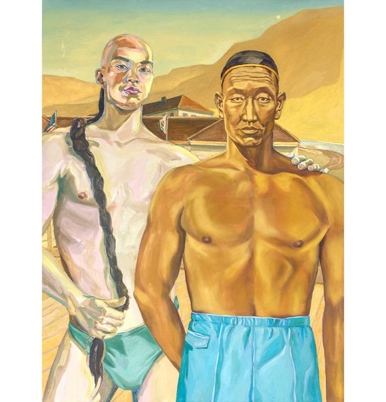 A painting of two cantonese workers, themselves and their gazes are facing the viewer. The person on the right is wearing only green boxer briefs and has a long braided ponytail. The person on the right is wearing a black had with gold trim, and is also wearing blue shorts. Behind the two, there is a building in the distance with different flags flying.