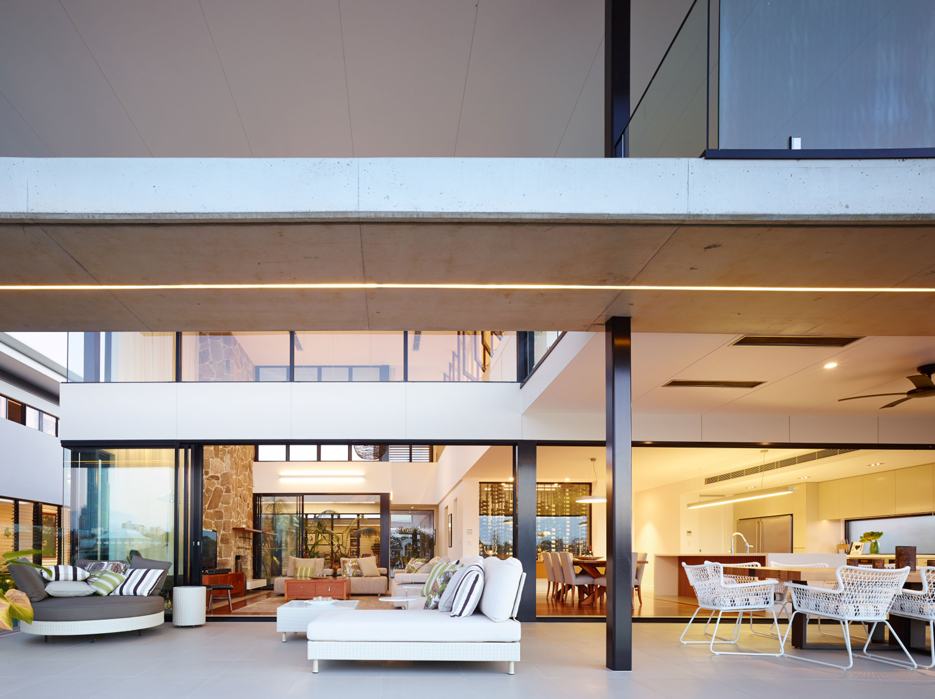 Outdoor living of a contemporary two level resort style home on the Gold Coast.