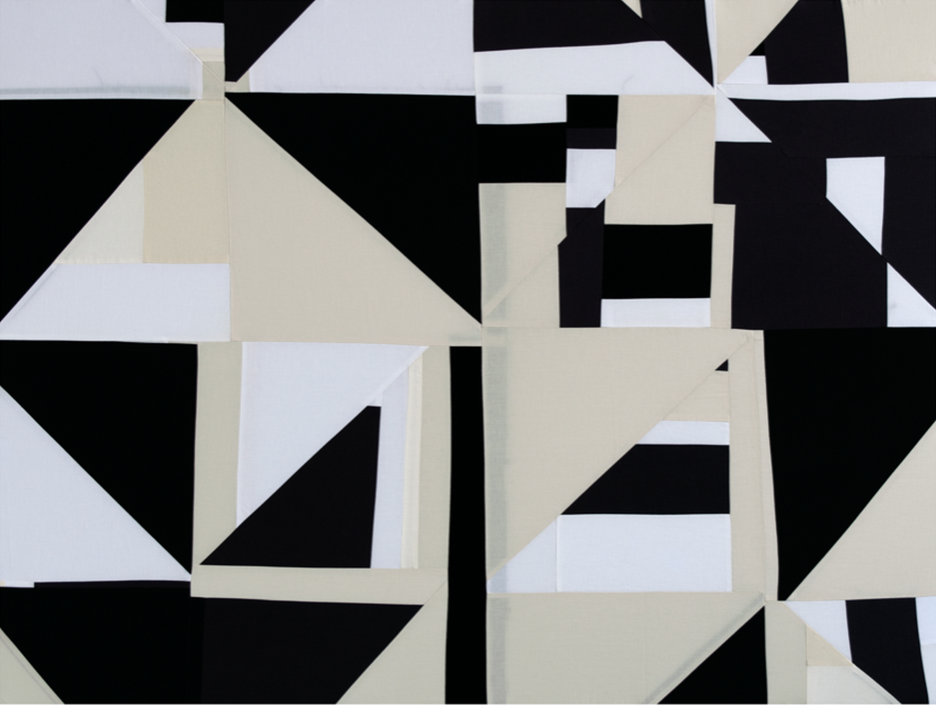 A painting that looks like a geometric patchwork quilt made up of mostly rectangles and triangles in white, black, and beige.