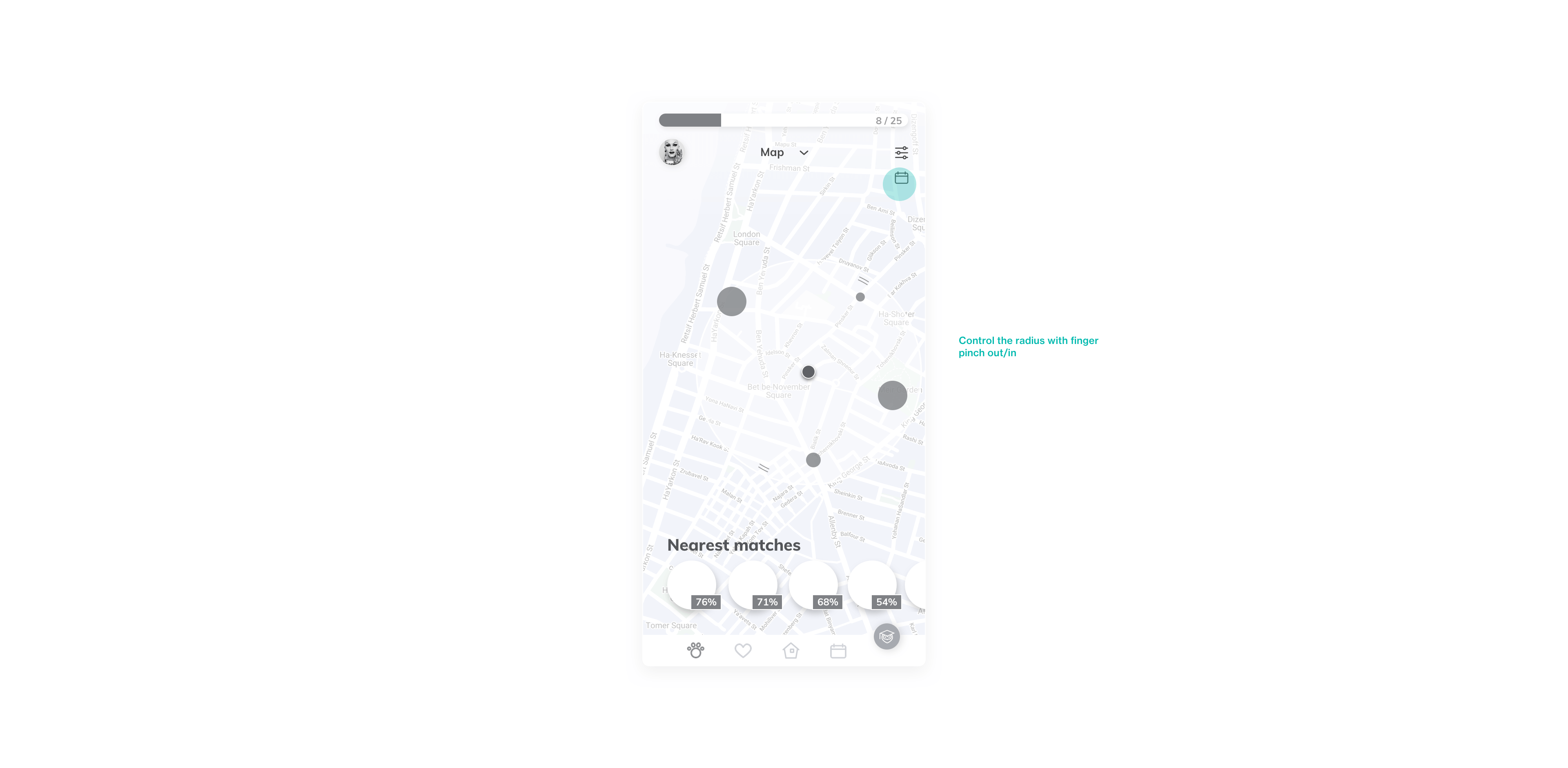 Map view of nearby pets.