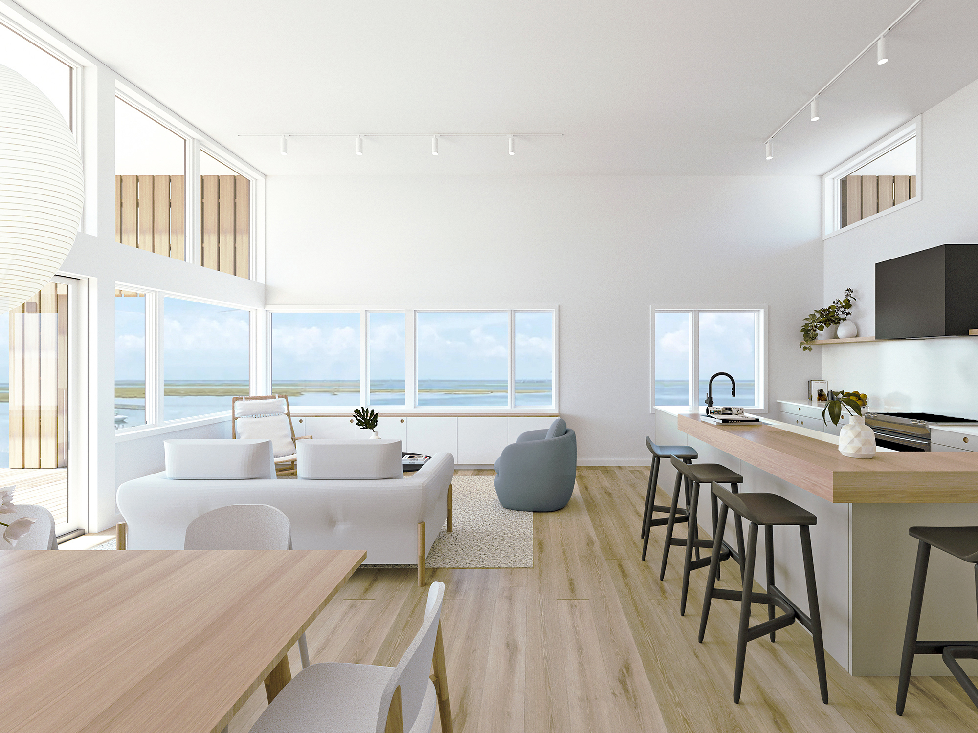 Architectural render of the Brigantine Paddle Club's upper-level rental unit, showing the open living area, light wood floors, central kitchen bar, and large windows facing the bay and marsh landscape.