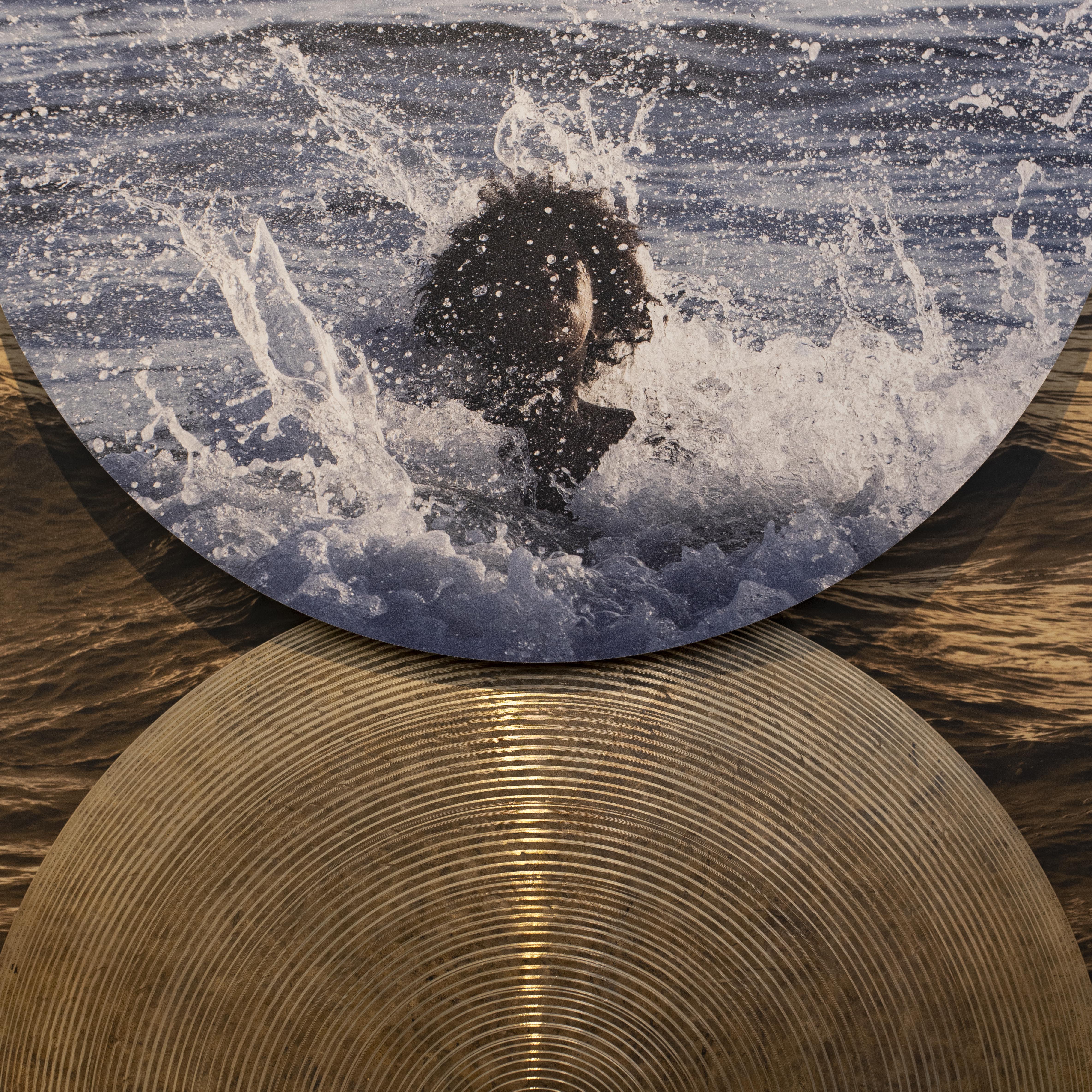 No. 1 (Element), 2022 archival print on dibond, jazz flat cymbal, timpani mallets, solid walnut base 42 x 28 x 6 in | 106.7 x 71.1 x 15.2 cm