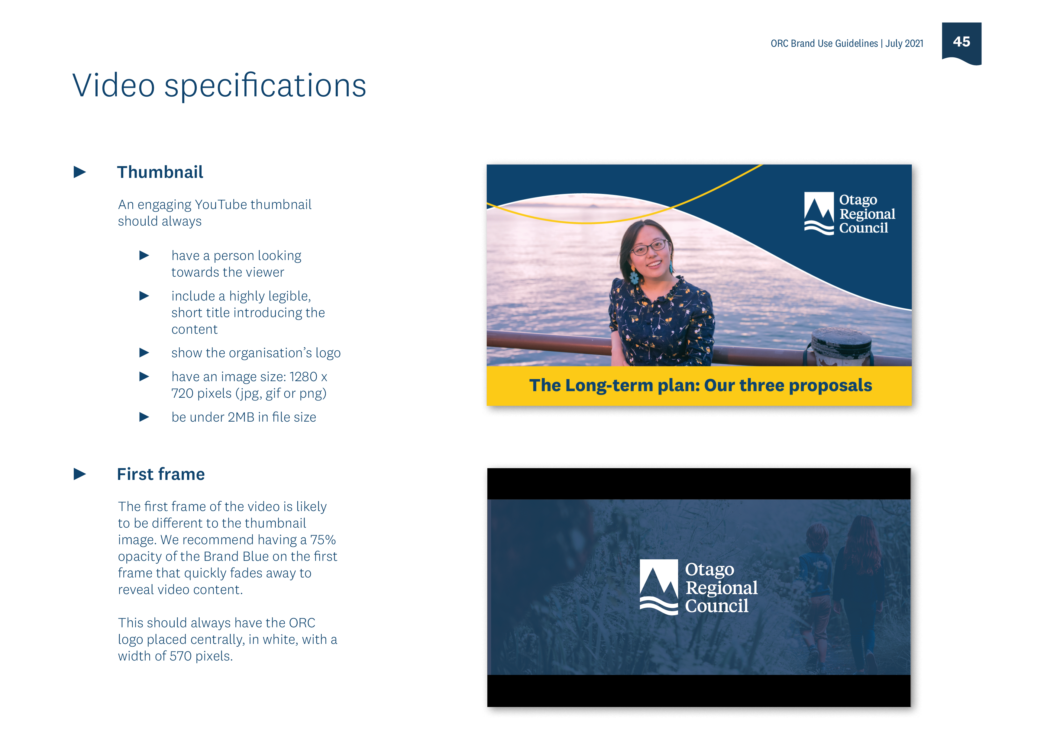 Video specifications for ORC, how to style and layout the video thumbnail and how the first frame should look.