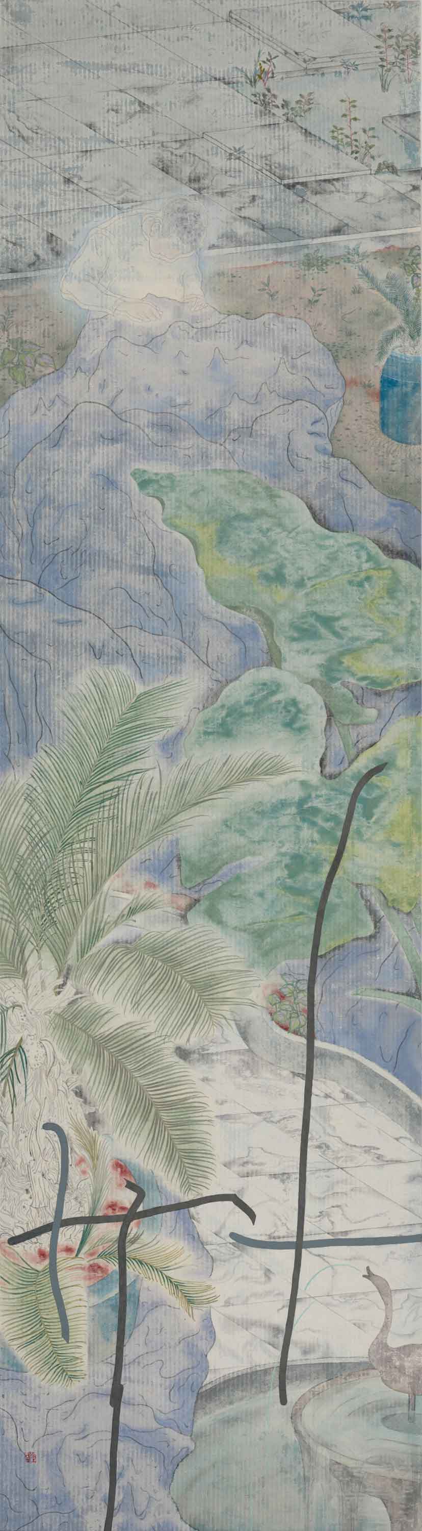 Landscape in the Apartments, 2016, mineral pigment, ink on paper, 140x40cm (55.1x15.7 in)