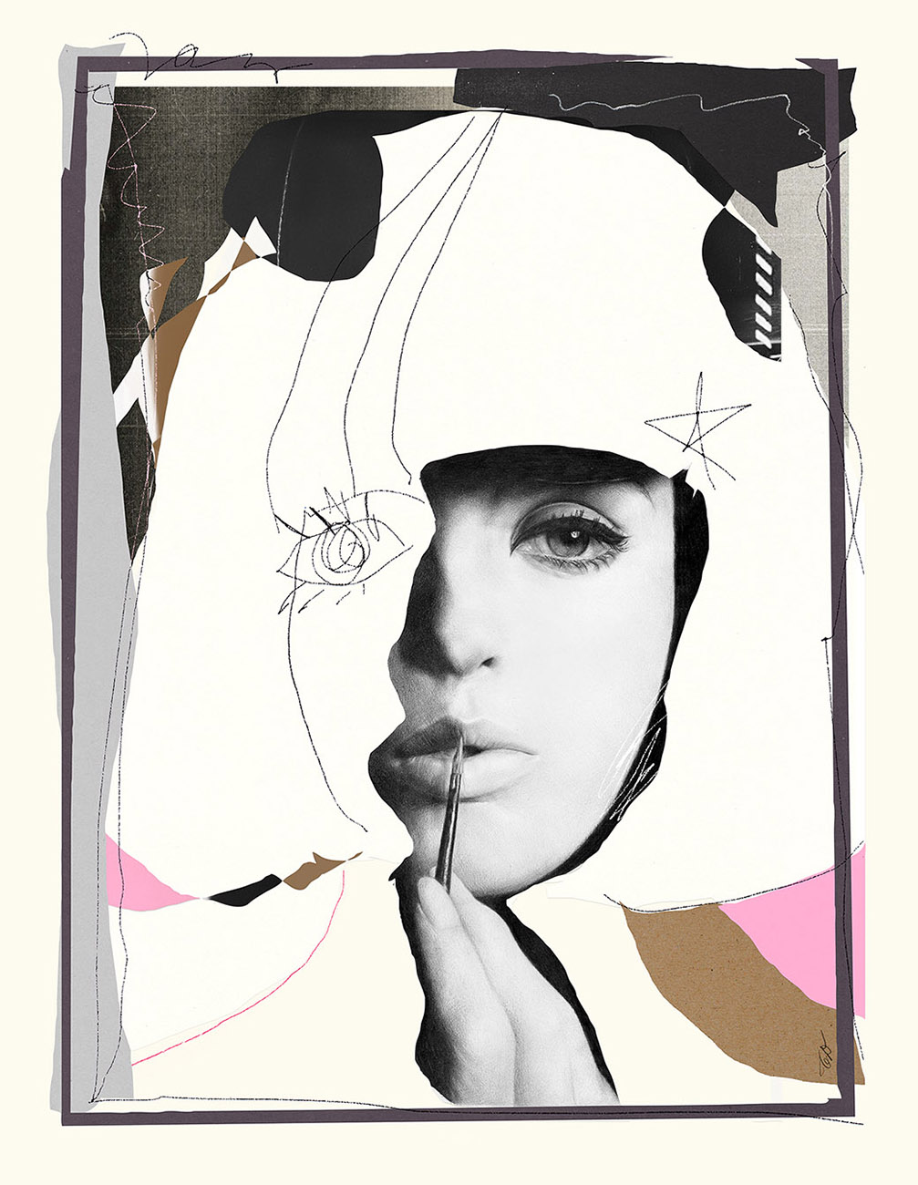 Qui êtes-vous, Polly Maggoo?, a film by William Klein, 2021Graphite on paper and digital collage