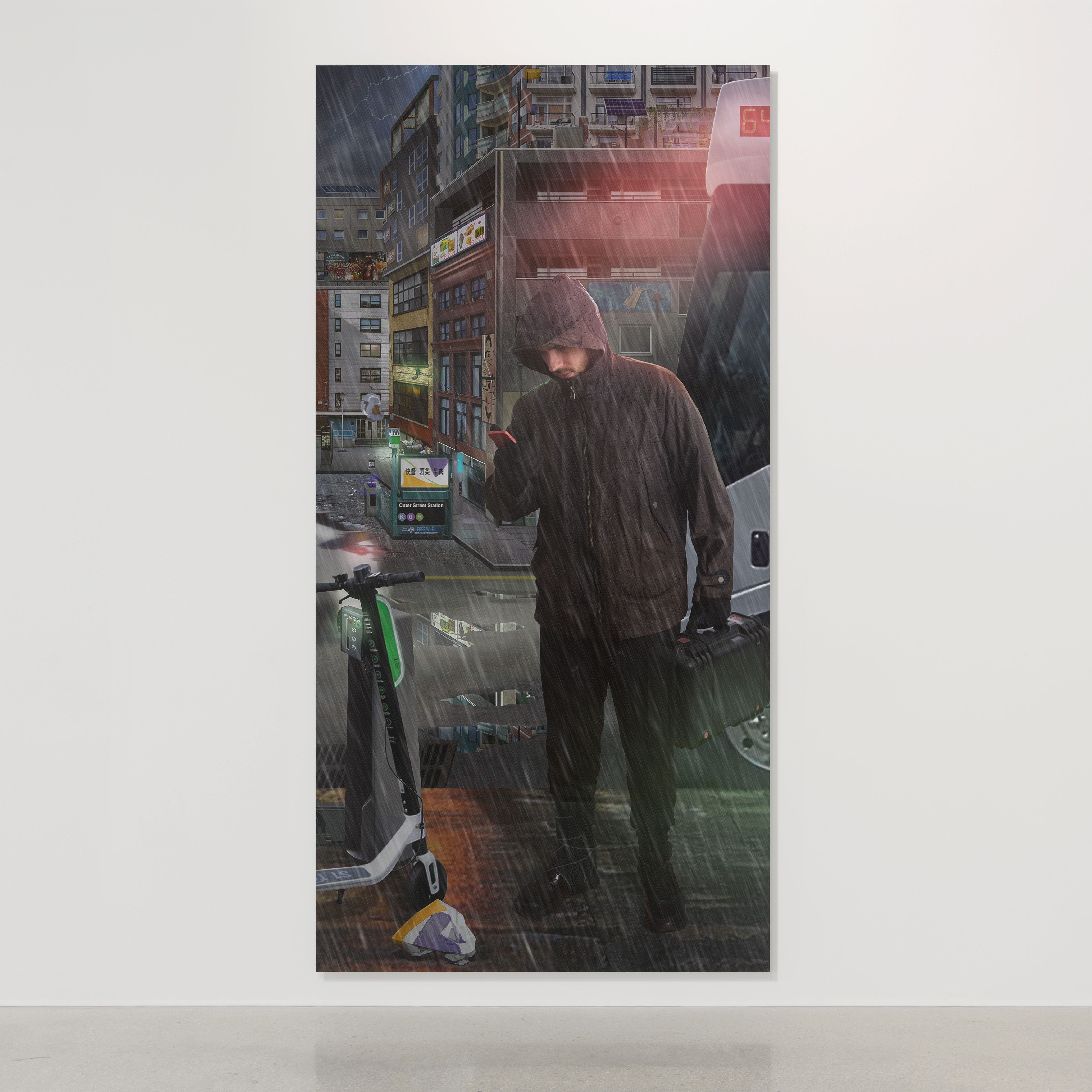 Joshua Citarella. Fully Atomized Side Gig Precariot, 2021, Archival Pigment Print, Dibond, 96 x 48”. Life-sized hyper-realistic photograph of a person standing outside on a city street corner, in the rain, looking at their phone.