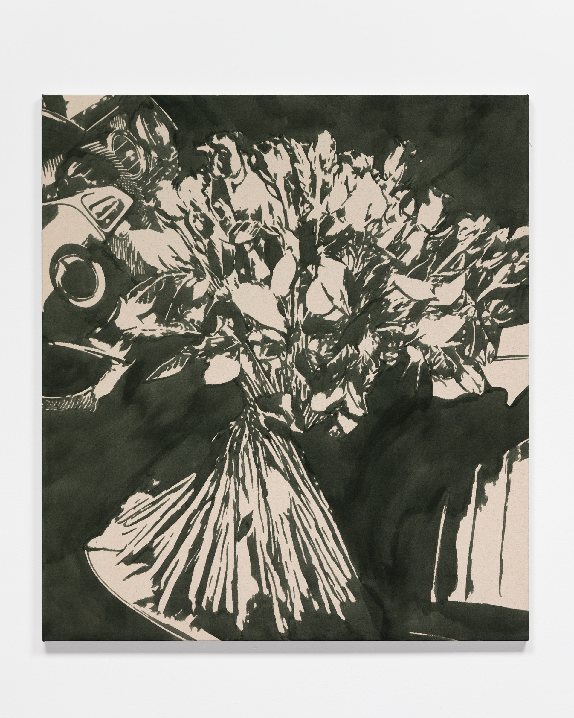 “Trigger Finger 3/12 (Bouquet of Roses in Front Passenger Seat)”, gouache on canvas, 38” X 34” / 96.52cm X 86.36cm, 2024