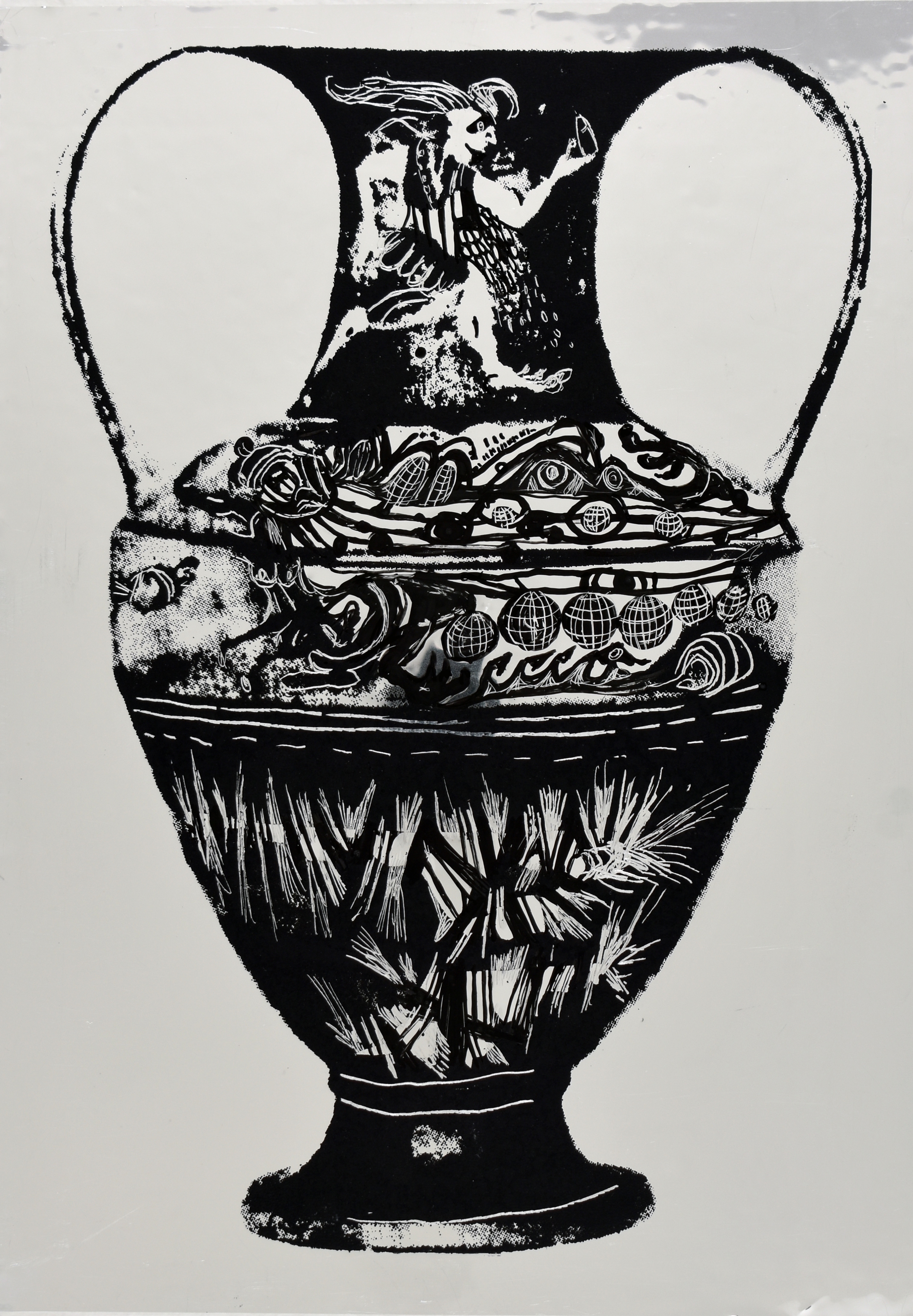 302760 (M.DR.01) AB1: Centauromachy, Centaurs, Warriors. AB2: Animal Frieze, Lions, Panthers, Sphinx. Neck A and B: Winged Goddess (Nike?). On Handle: Satyr, Maenad. On Rim: Dolphins. Shoulder: Satyr Between Eyes. Under Handle: Sphinx, Screenprint and acrylic drawing on double aluminized polyester film, 12.5 x 8.5 in., 2024