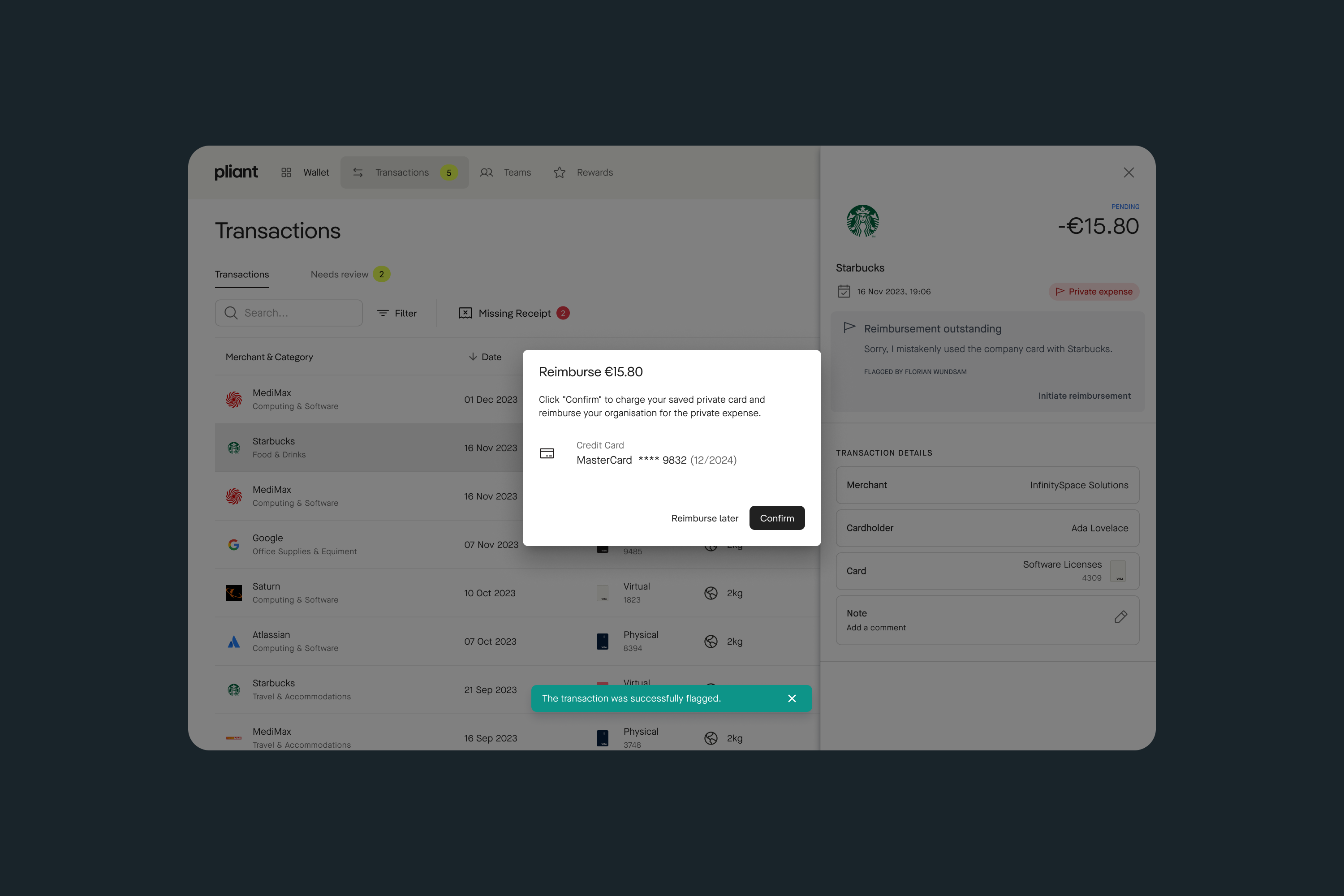 4. The transaction is flagged as a private expense, and if the employee has a personal card on file, they can immediately start the reimbursement